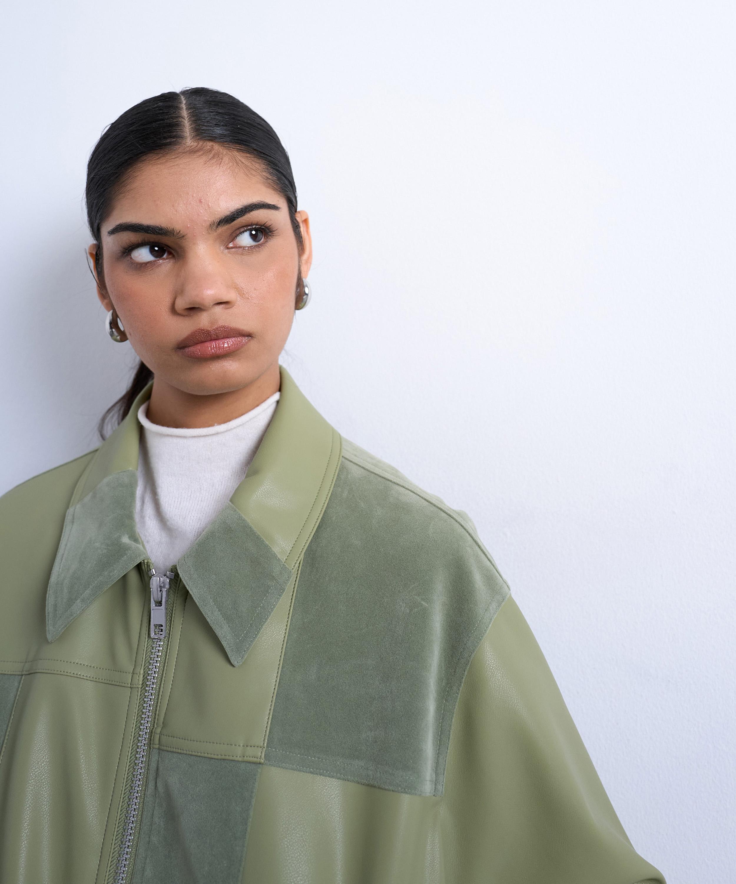 TOPSHOP - Green Faux Leather Patchwork Suede Zip Jacket image number 2