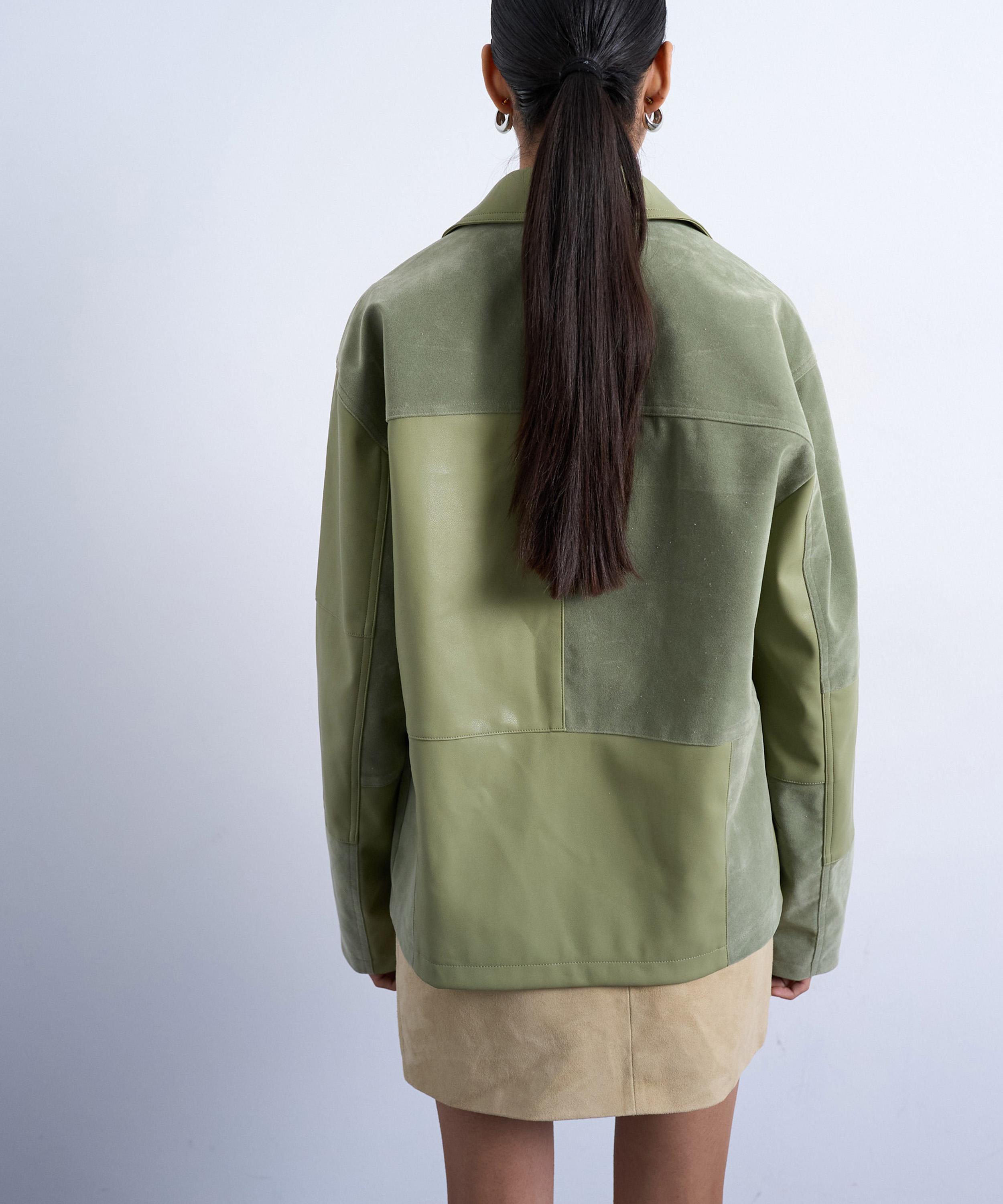 TOPSHOP - Green Faux Leather Patchwork Suede Zip Jacket image number 3