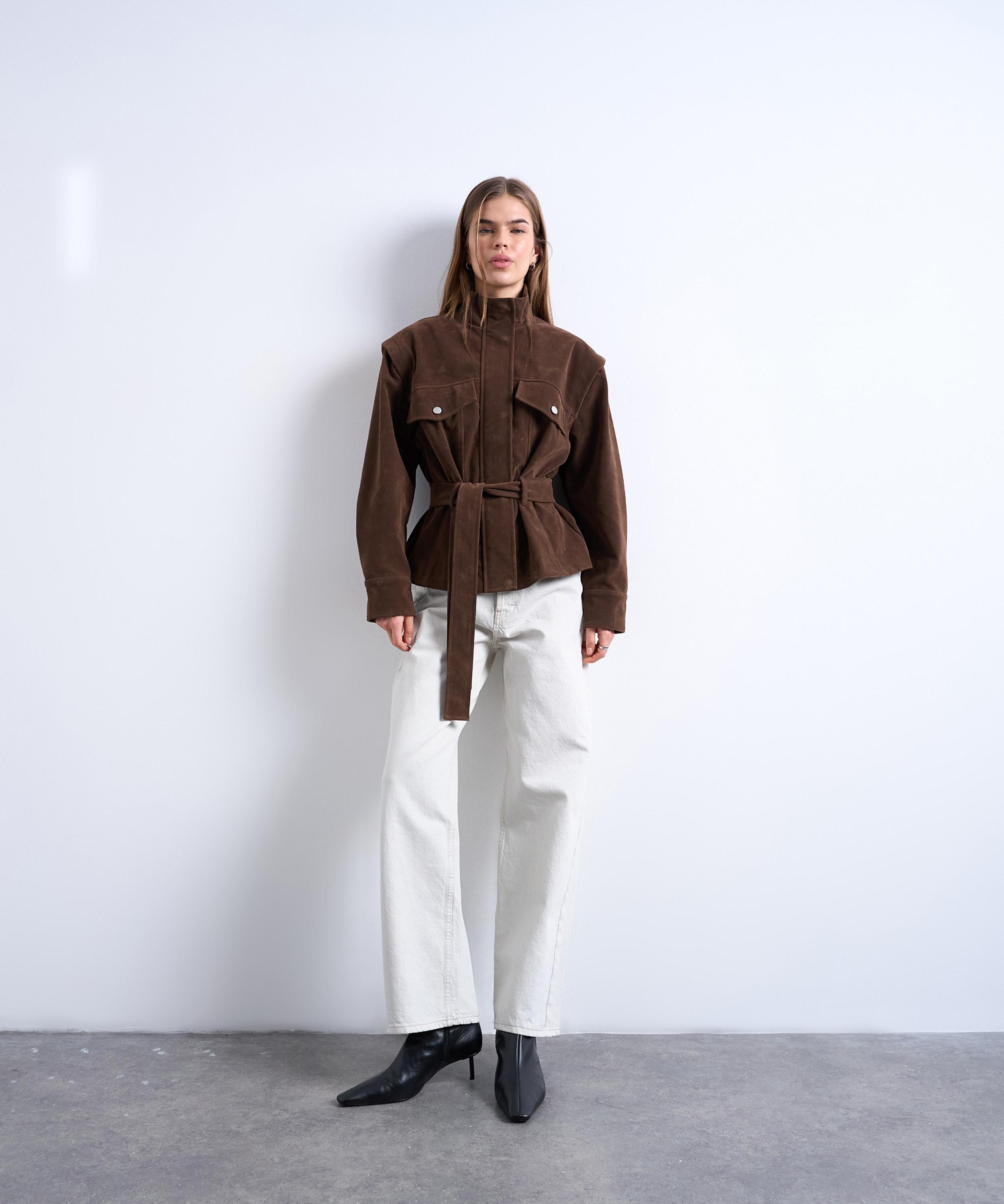 TOPSHOP - Brown Faux Suede Funnel-Neck Jacket