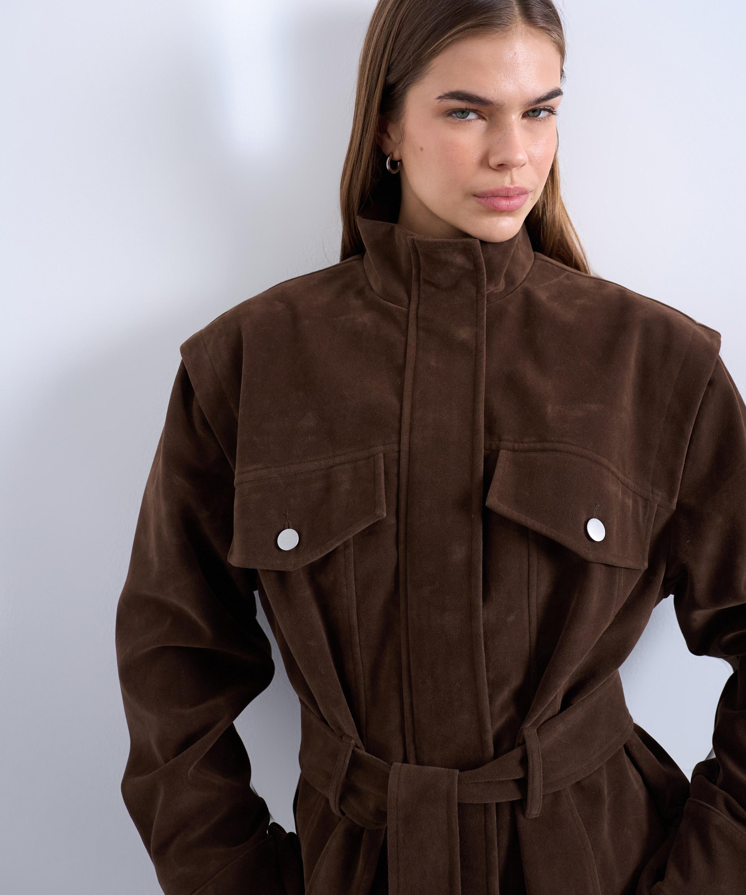 TOPSHOP - Brown Faux Suede Funnel-Neck Jacket image number 1