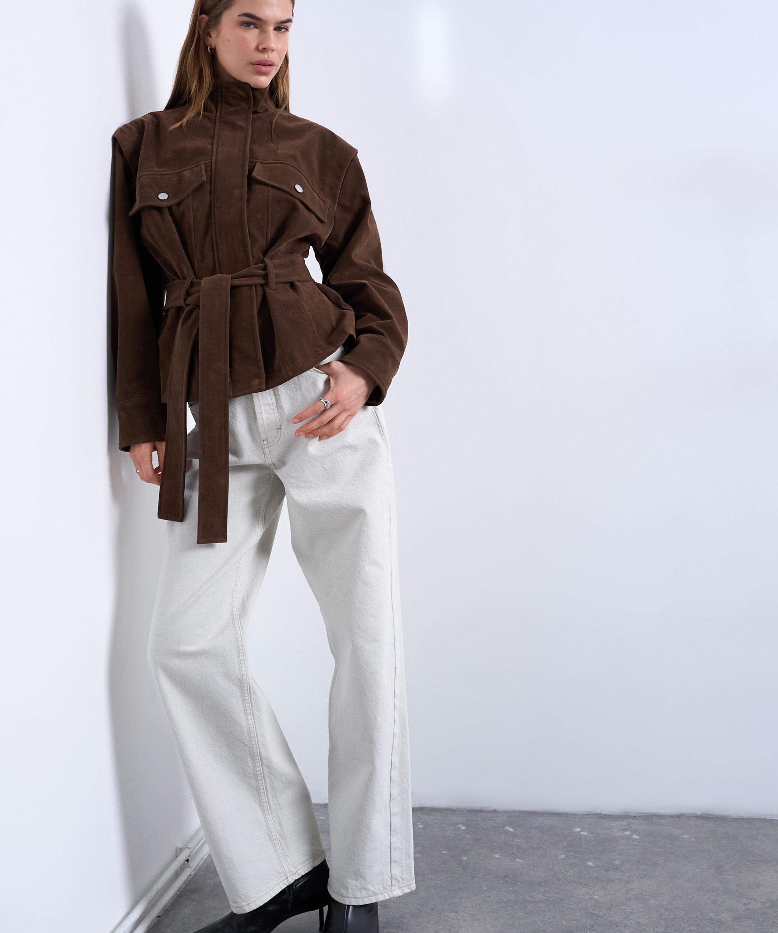 TOPSHOP - Brown Faux Suede Funnel-Neck Jacket image number 2