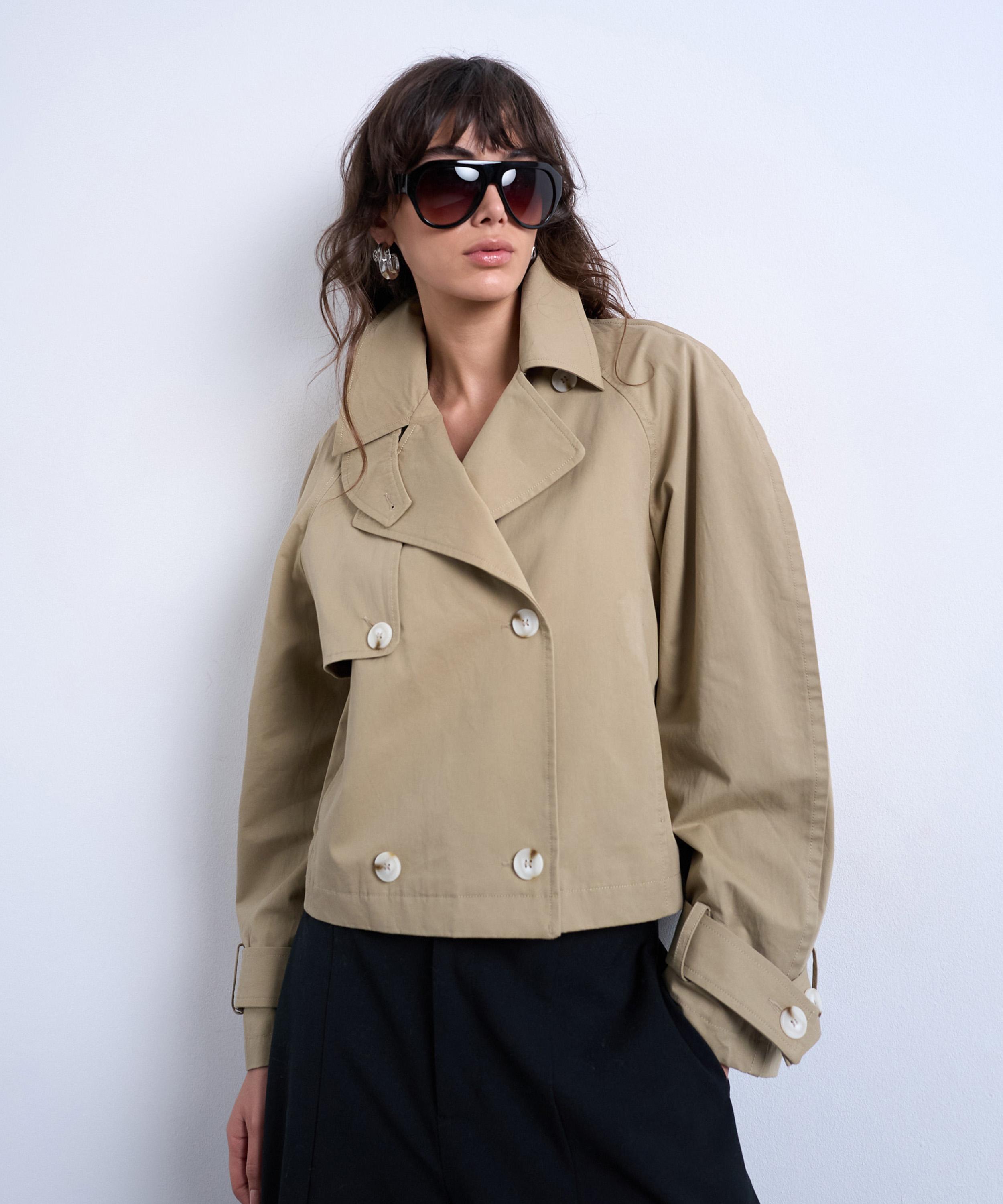 TOPSHOP - Beige Cotton Ovoid Sleeve Short Trench Coat