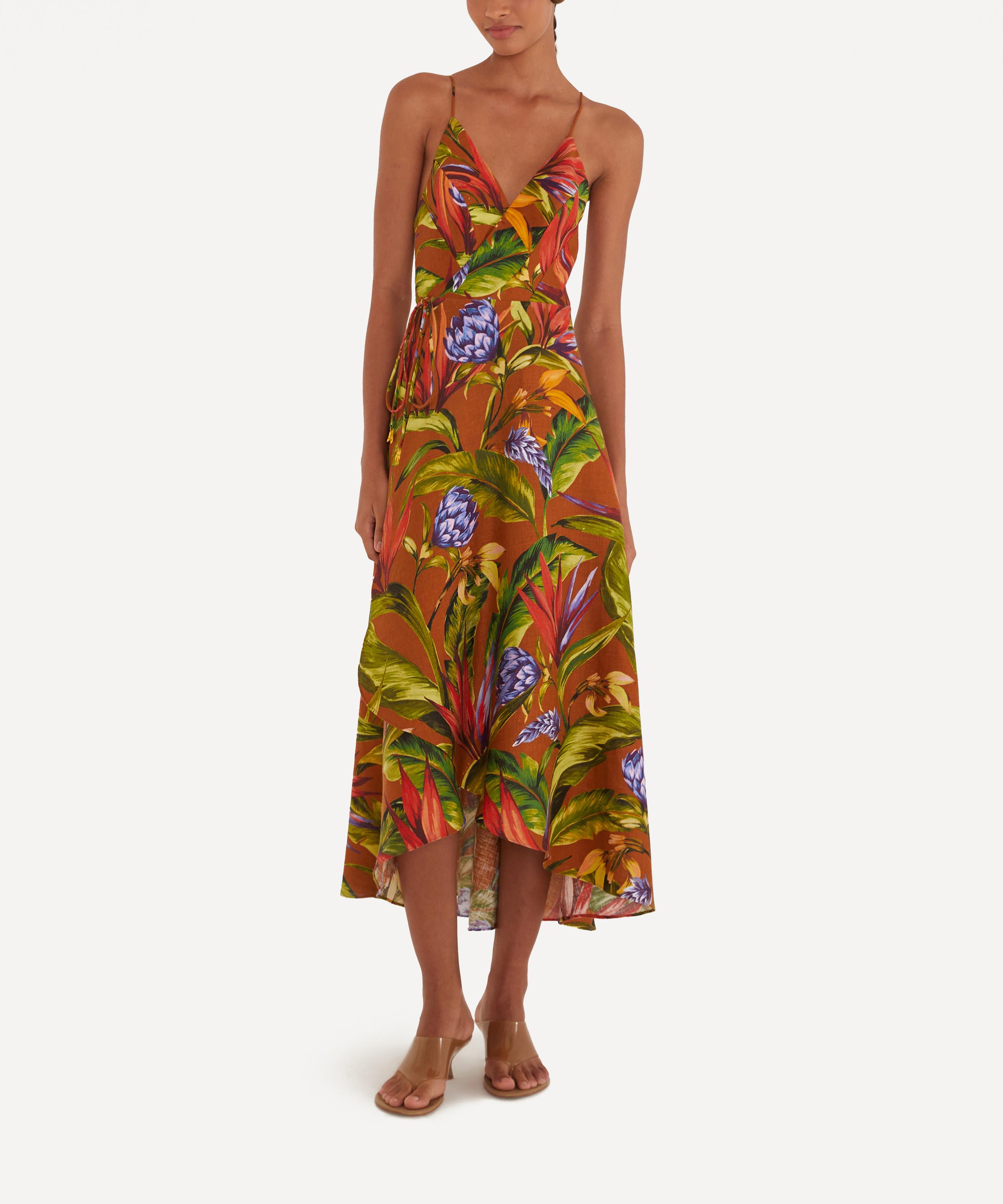 FARM Rio - Brown Florart Linen Wrap Midi Dress