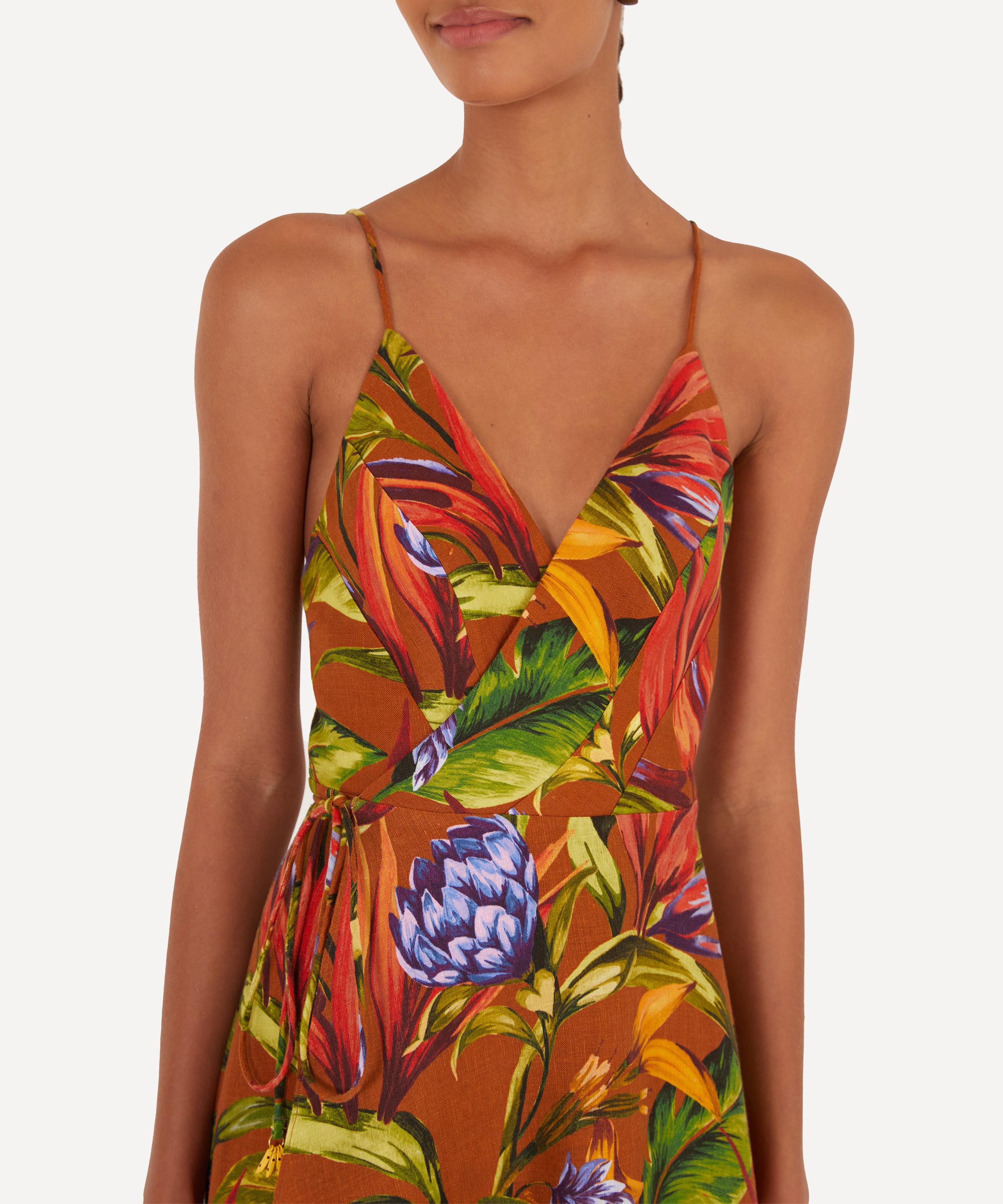 FARM Rio - Brown Florart Linen Wrap Midi Dress image number 2