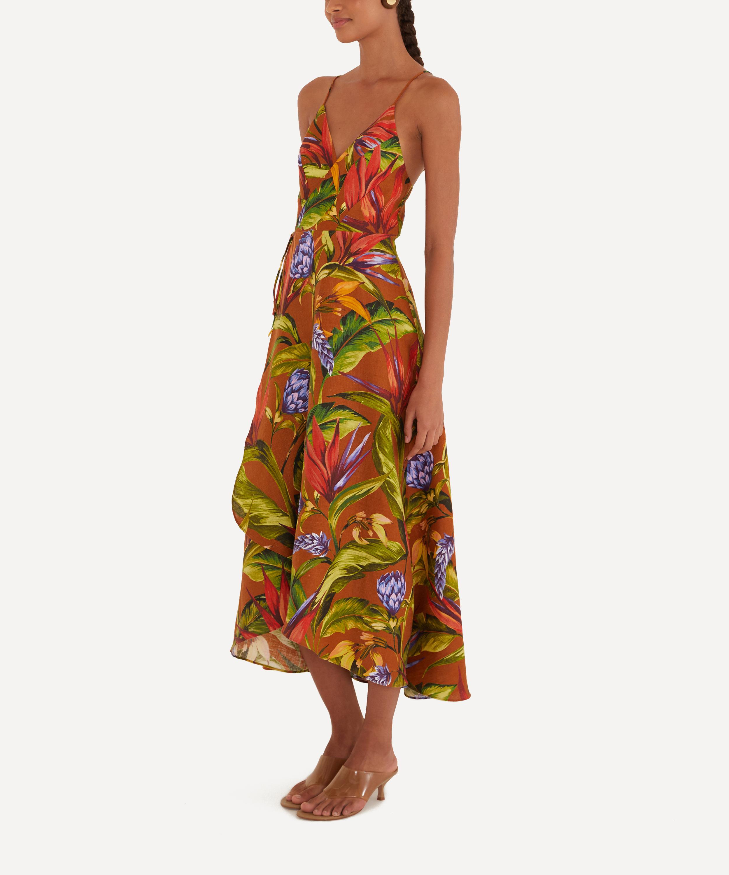 FARM Rio - Brown Florart Linen Wrap Midi Dress image number 3