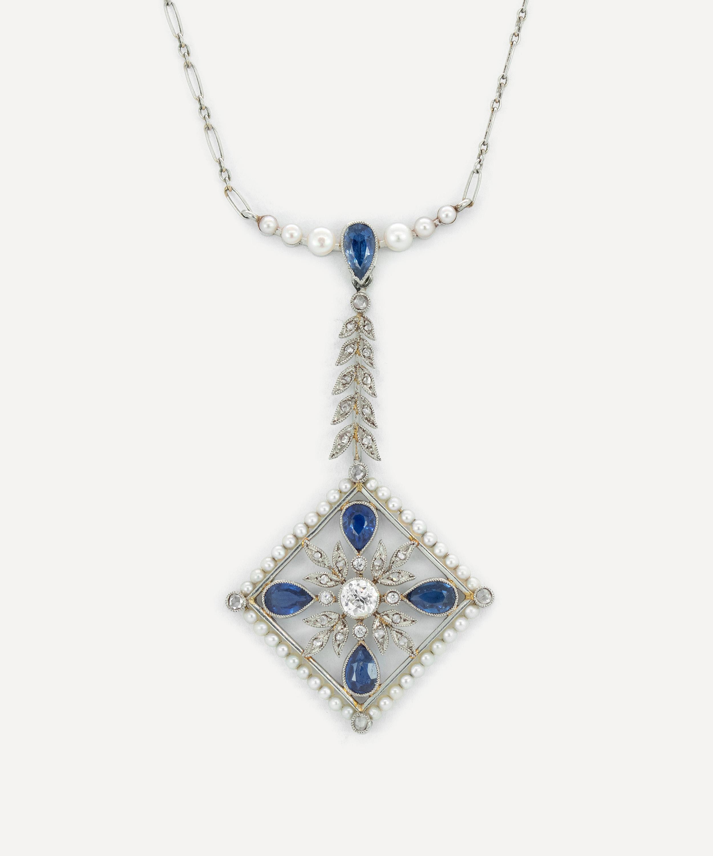 Kojis - 18ct White Gold Edwardian Pearl Sapphire and Diamond Pendant Necklace image number 0