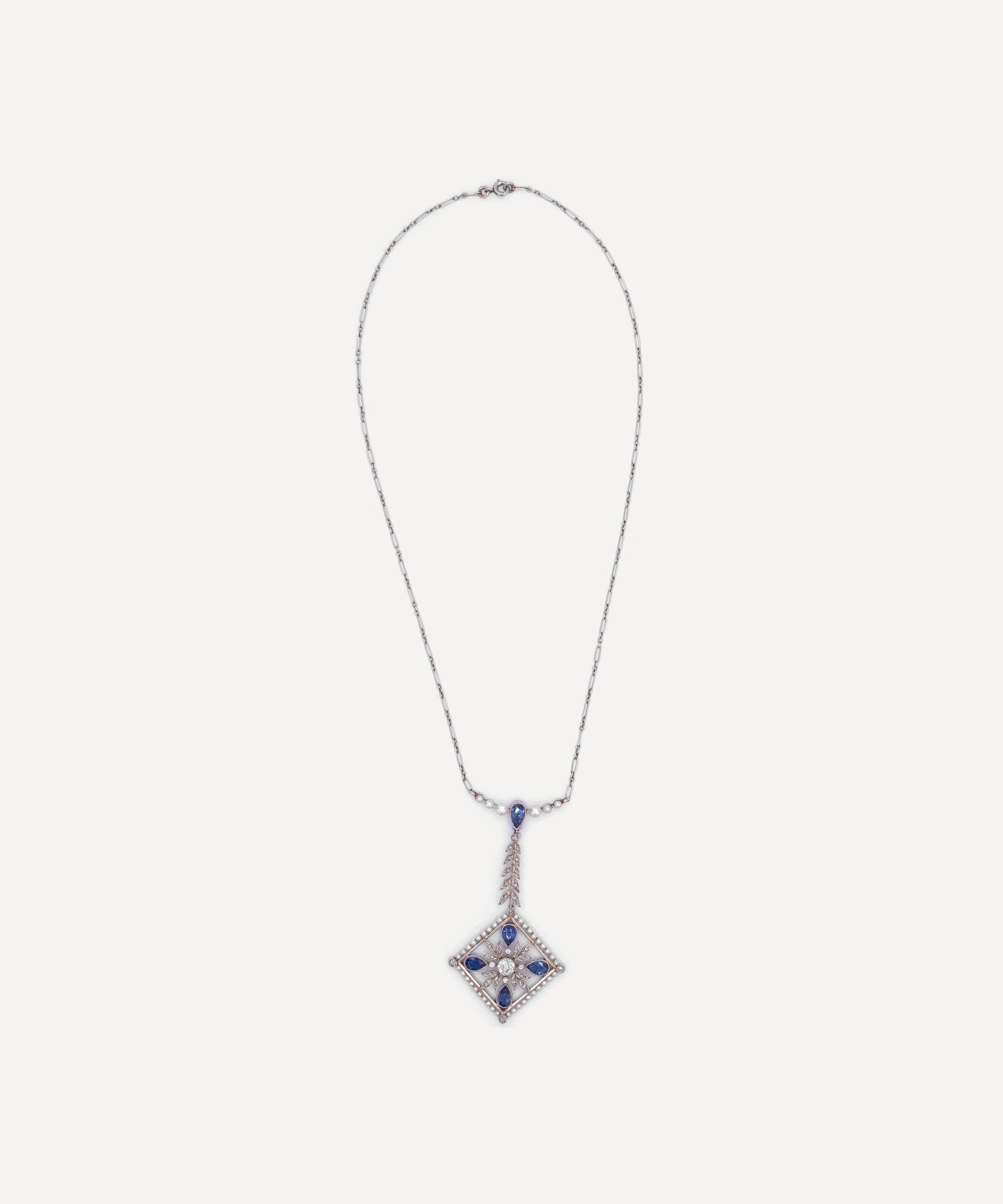 Kojis - 18ct White Gold Edwardian Pearl Sapphire and Diamond Pendant Necklace image number 1