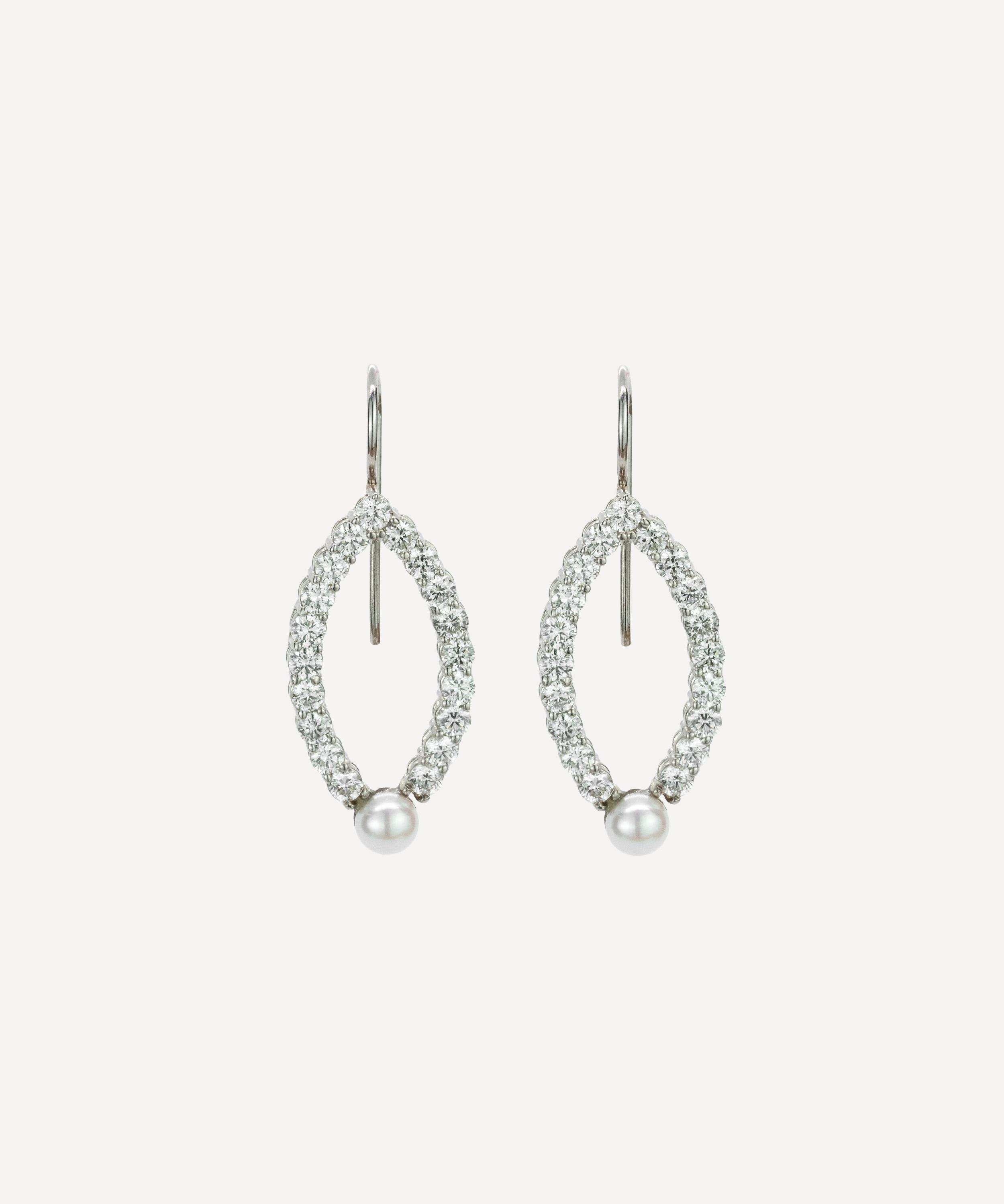Kojis - 14ct White Gold Pearl and Diamond Drop Earrings