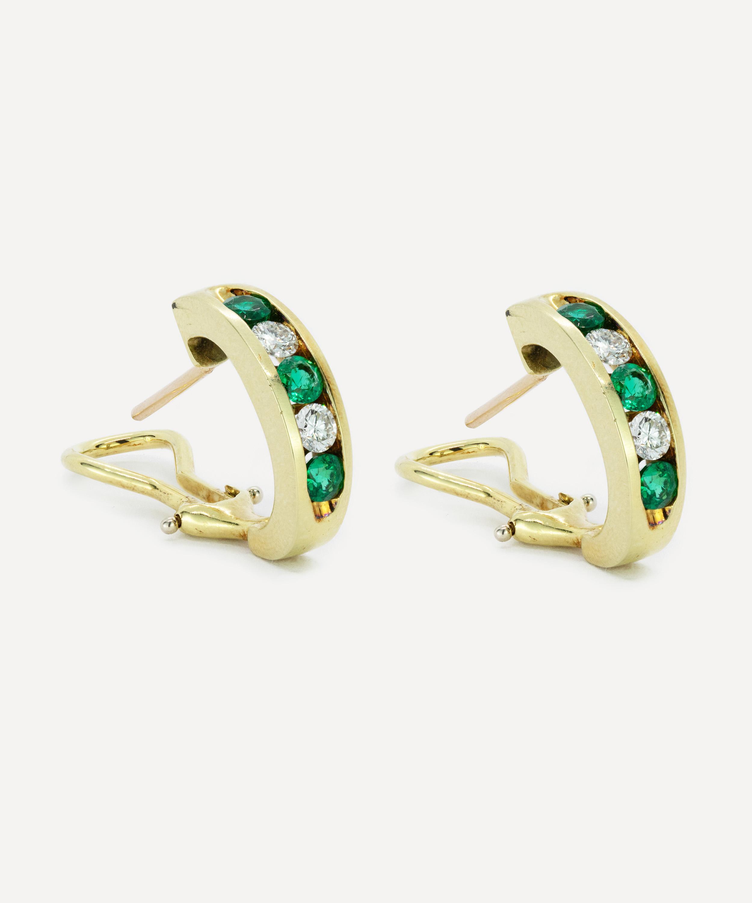 Kojis - 18ct Gold Emerald and Diamond Semi-Hoop Earrings image number 1