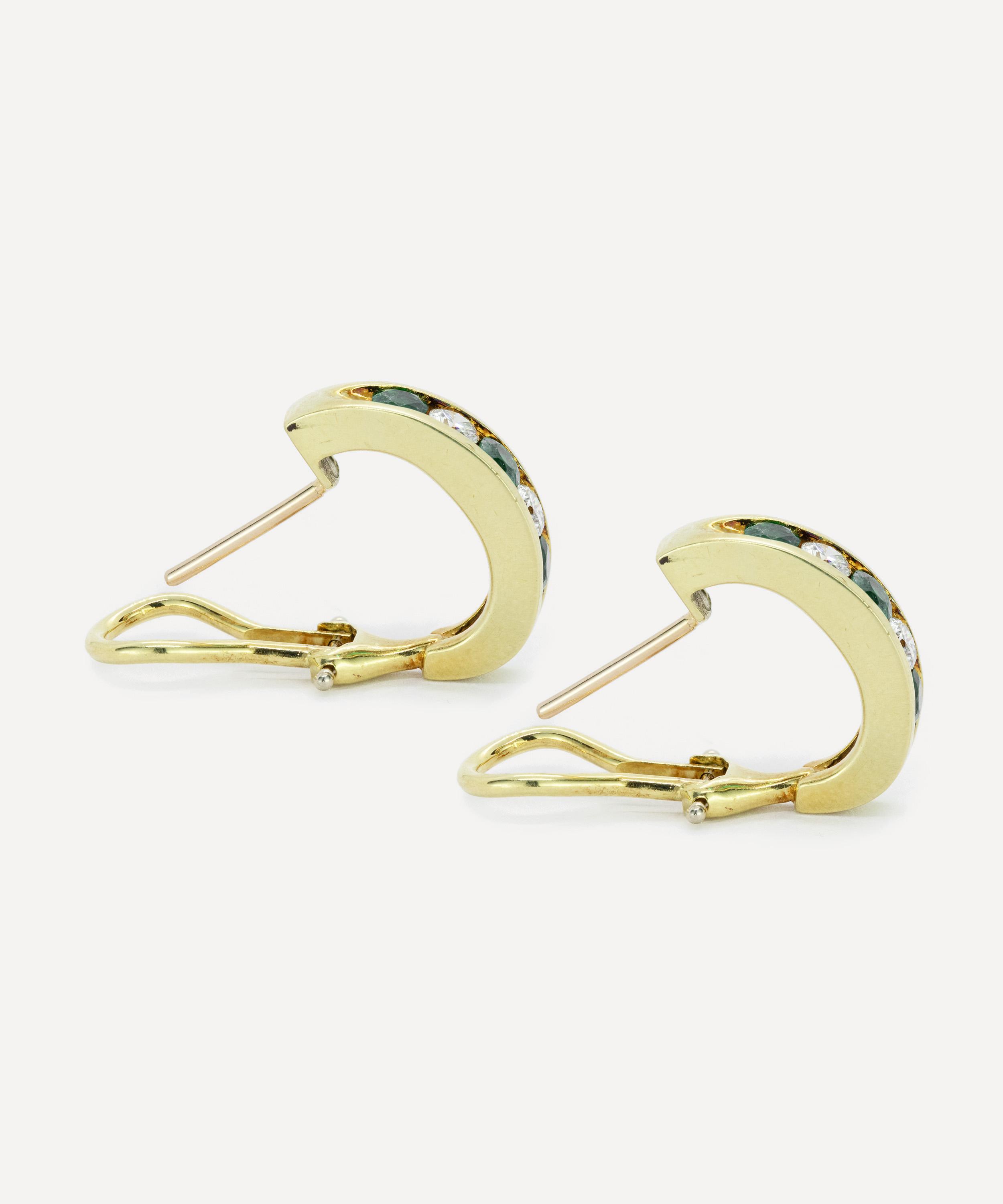 Kojis - 18ct Gold Emerald and Diamond Semi-Hoop Earrings image number 2