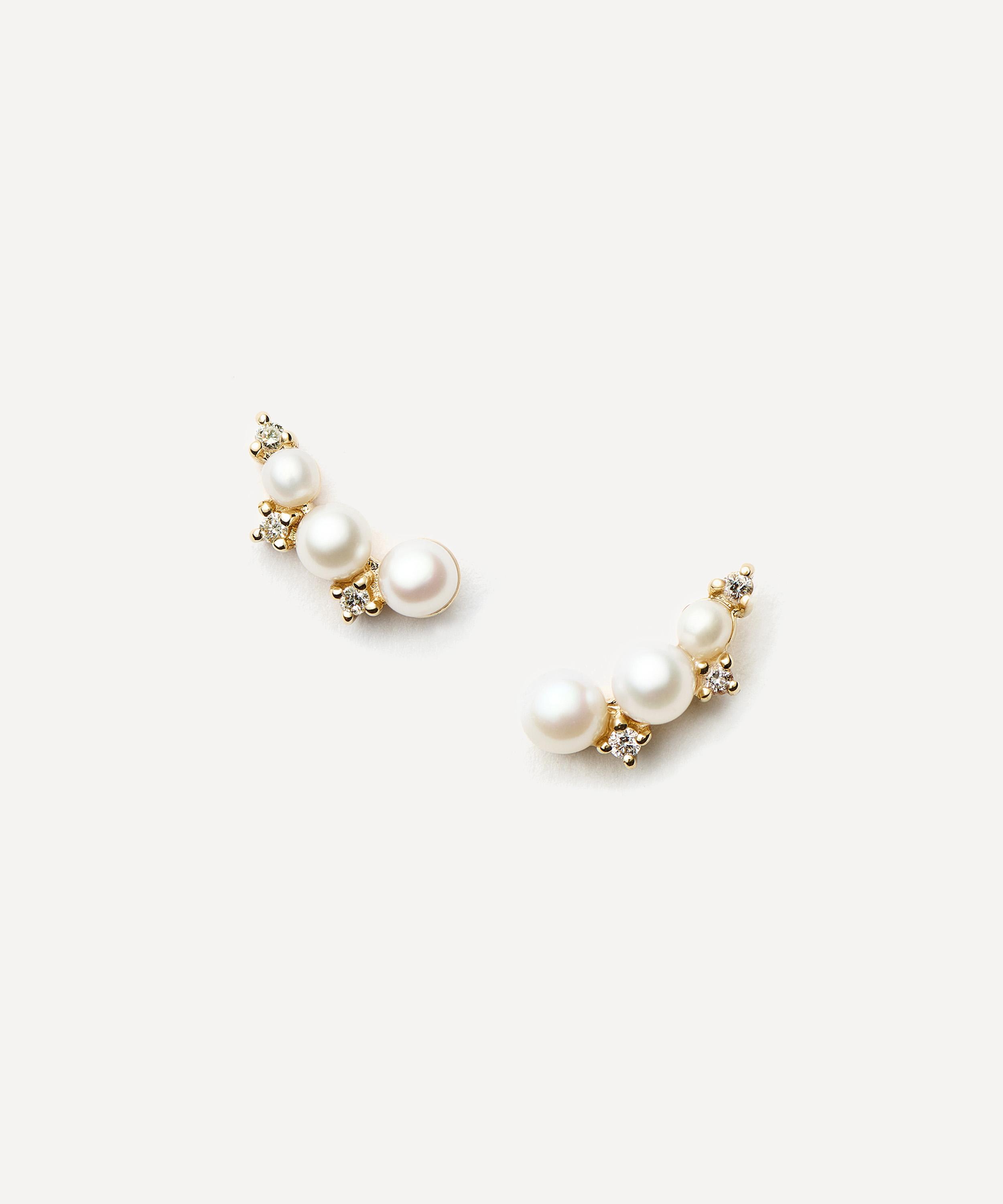 Missoma - 14ct Gold Fine Diamond and Pearl Mini Climber Stud Earrings