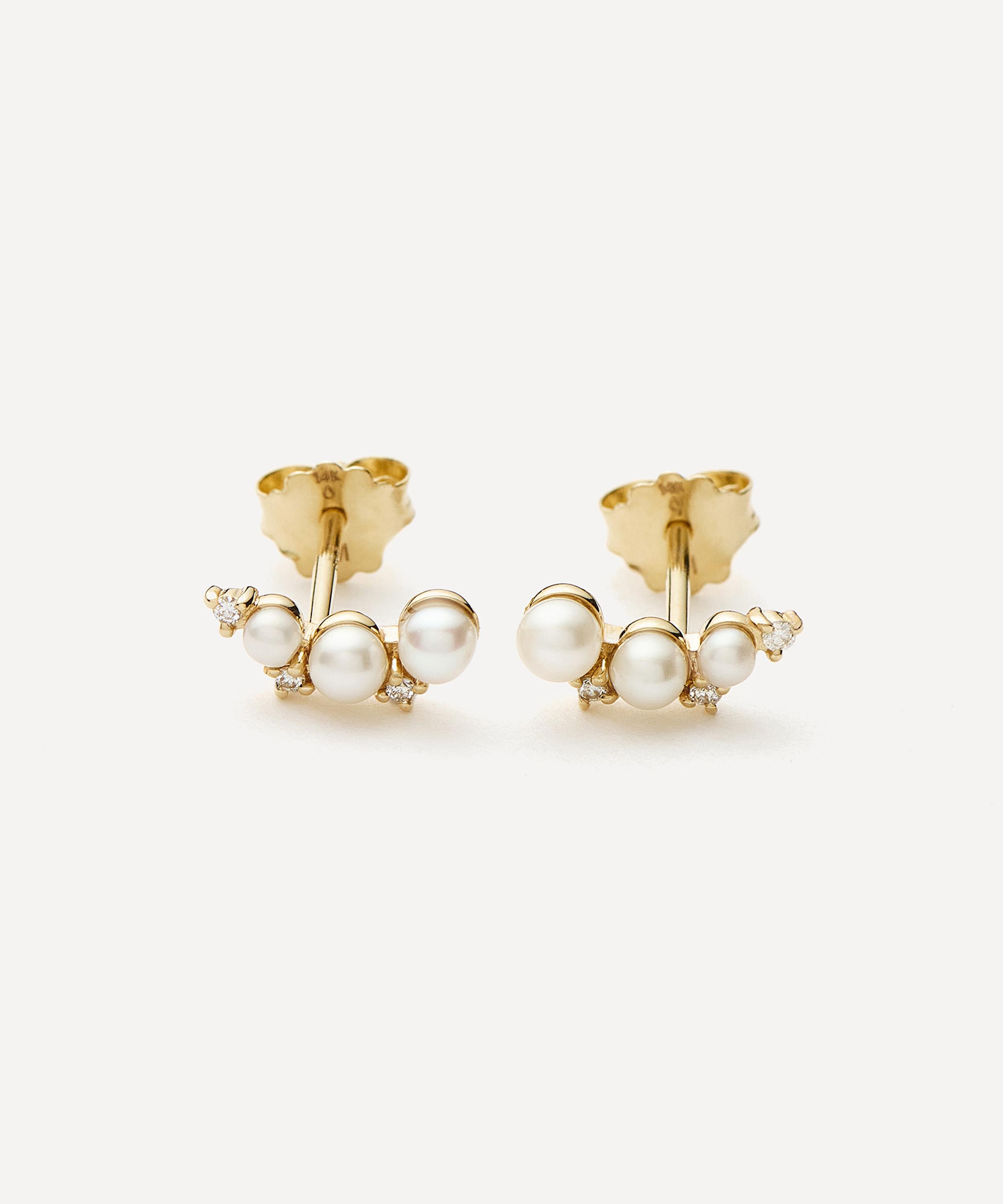 Missoma - 14ct Gold Fine Diamond and Pearl Mini Climber Stud Earrings image number 1