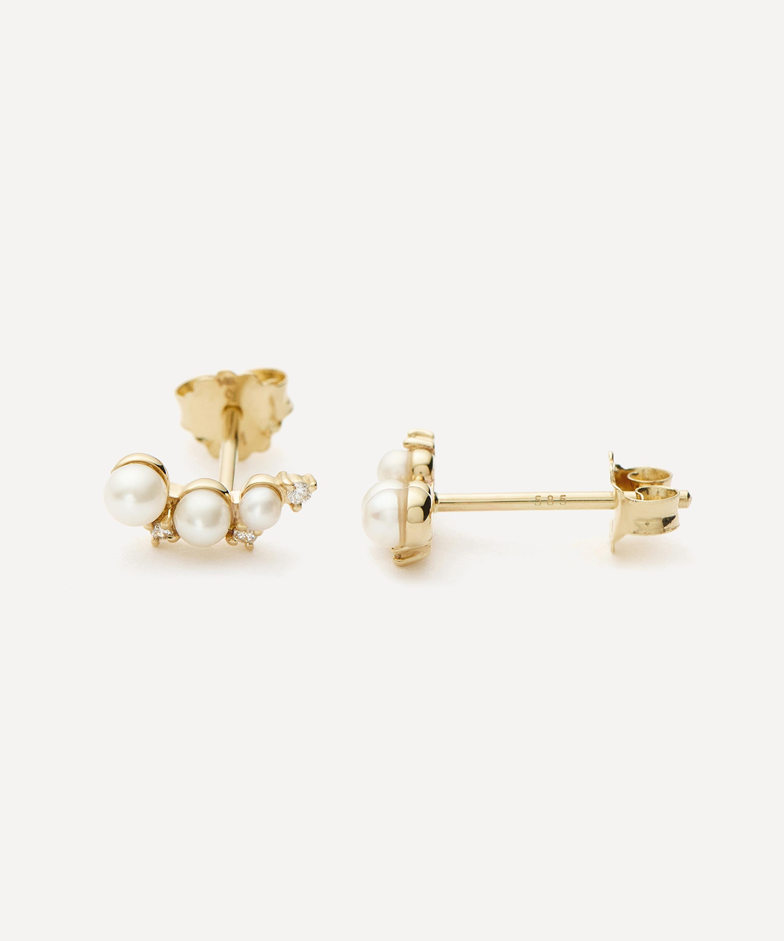 Missoma - 14ct Gold Fine Diamond and Pearl Mini Climber Stud Earrings image number 2