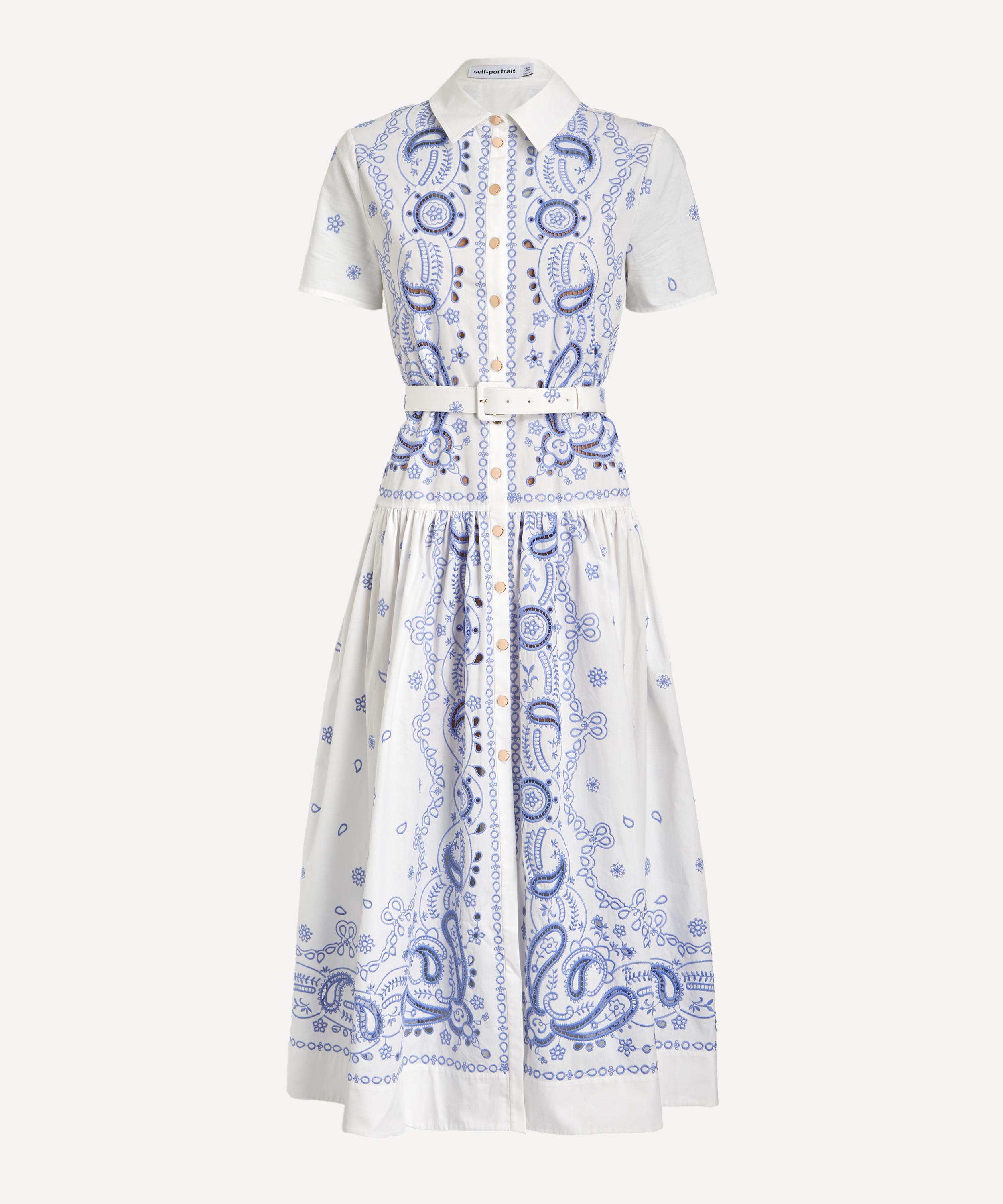 Self-Portrait - White and Blue Embroidered Midi Dress image number 0