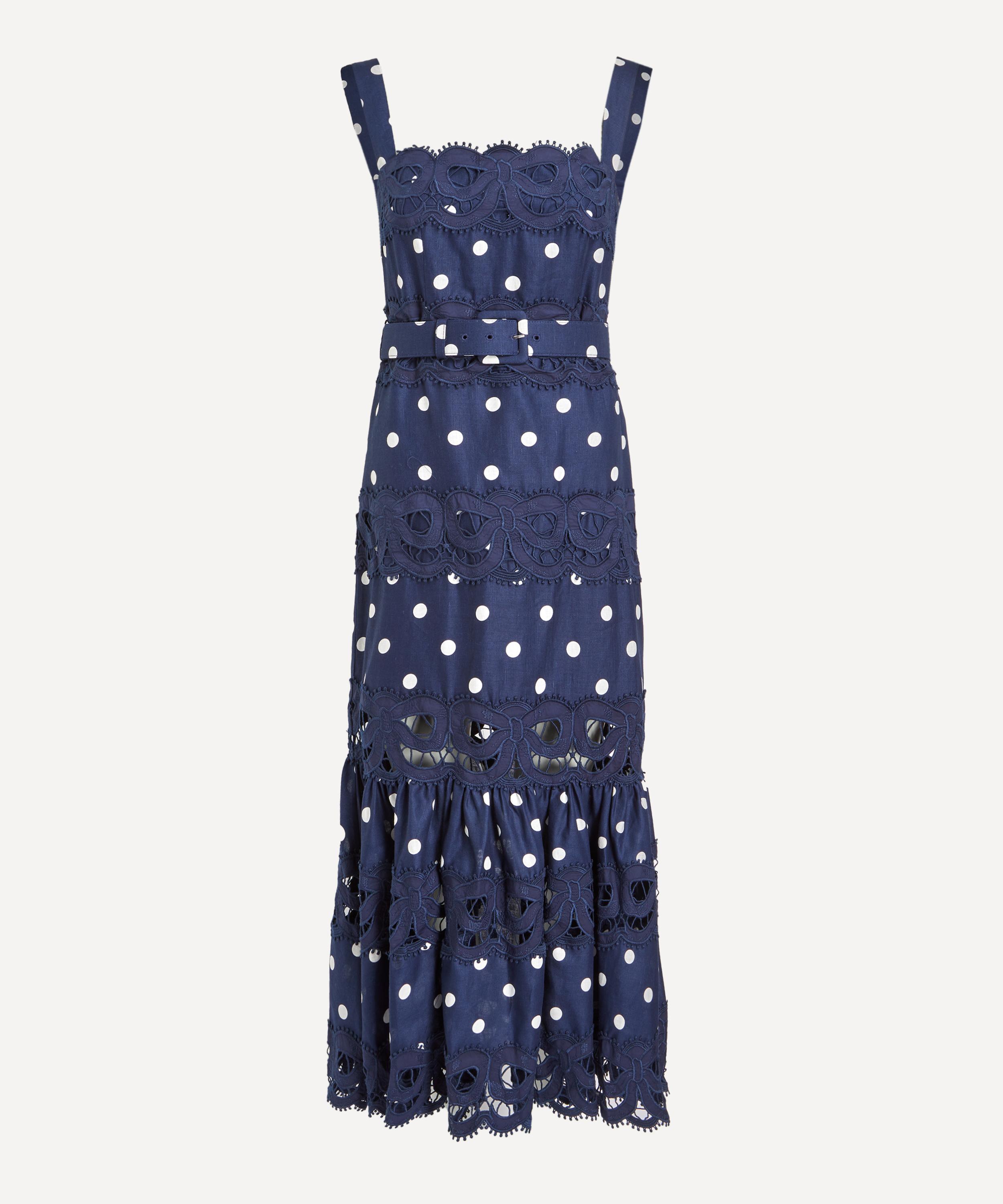 Self-Portrait - Navy Polka Dot Linen Midi Dress
