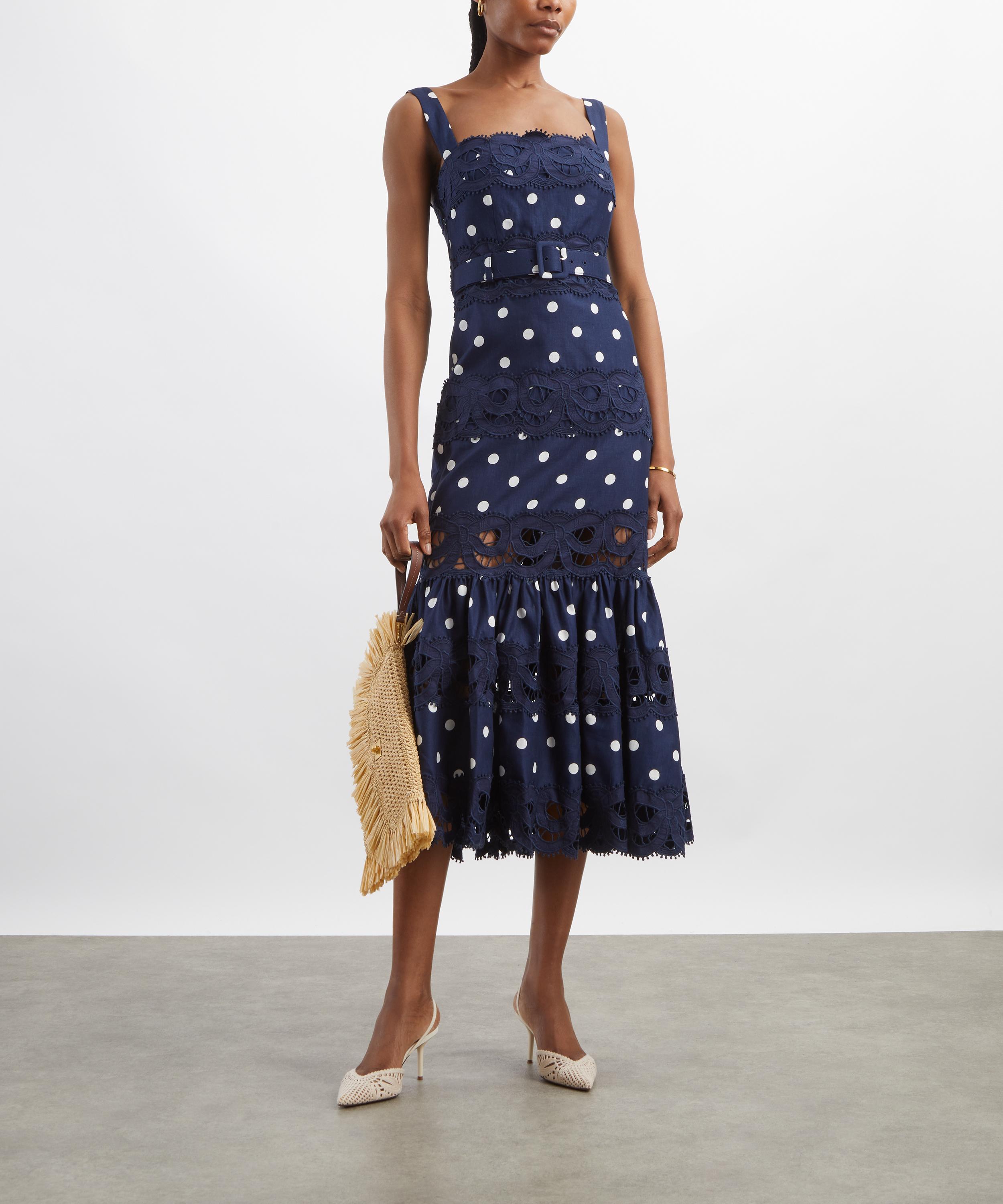 Self-Portrait - Navy Polka Dot Linen Midi Dress image number 1