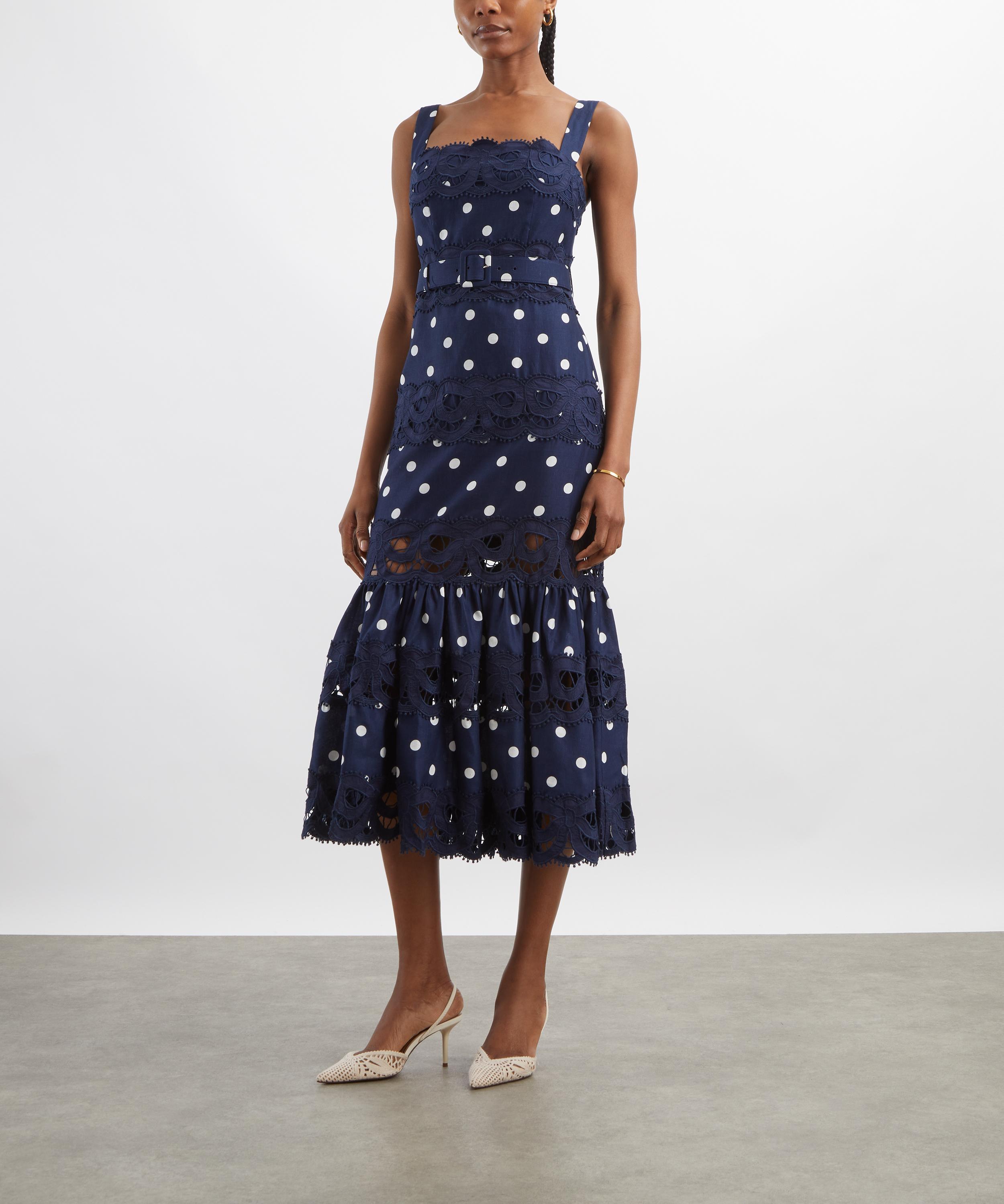 Self-Portrait - Navy Polka Dot Linen Midi Dress image number 2