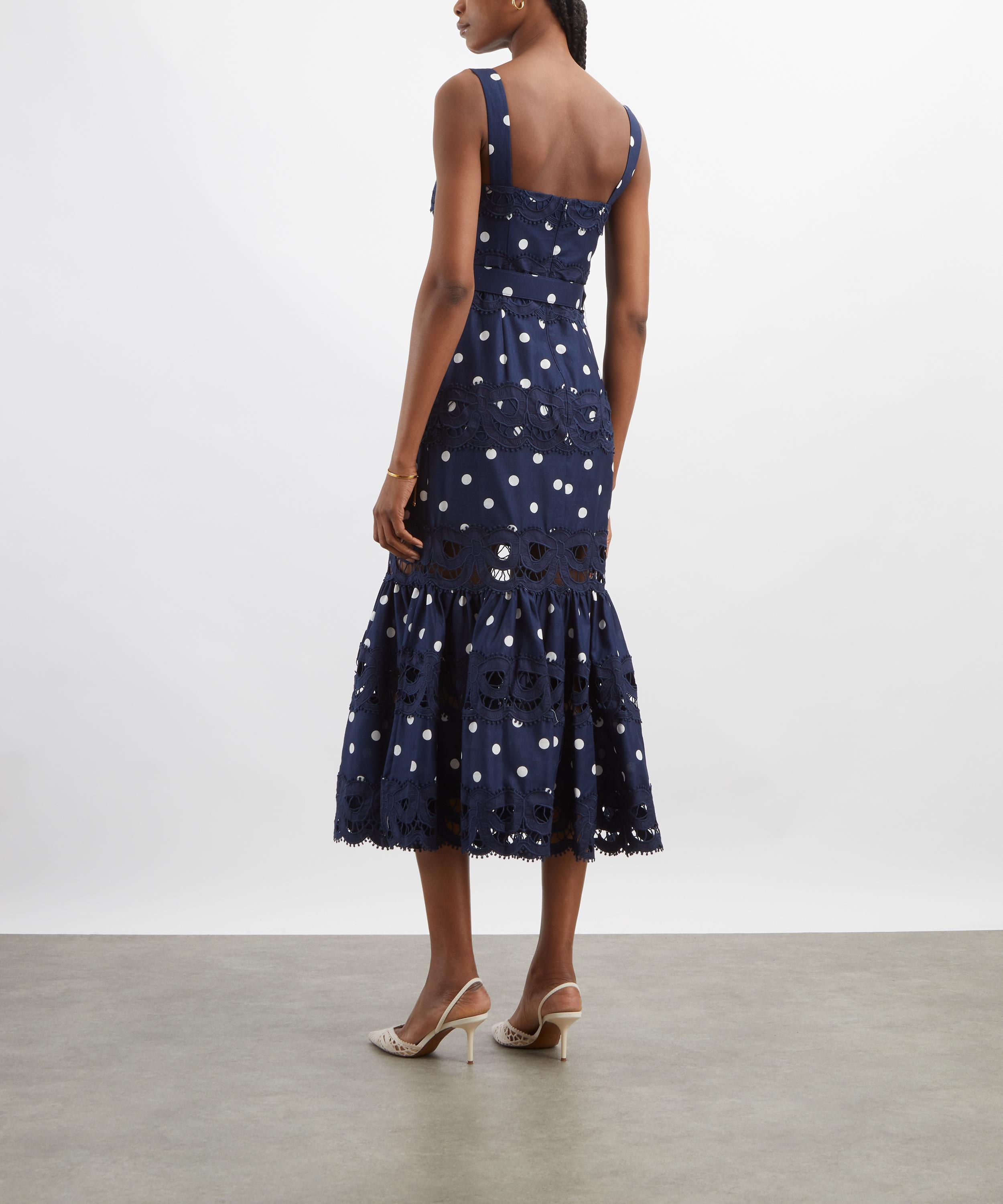 Self-Portrait - Navy Polka Dot Linen Midi Dress image number 3
