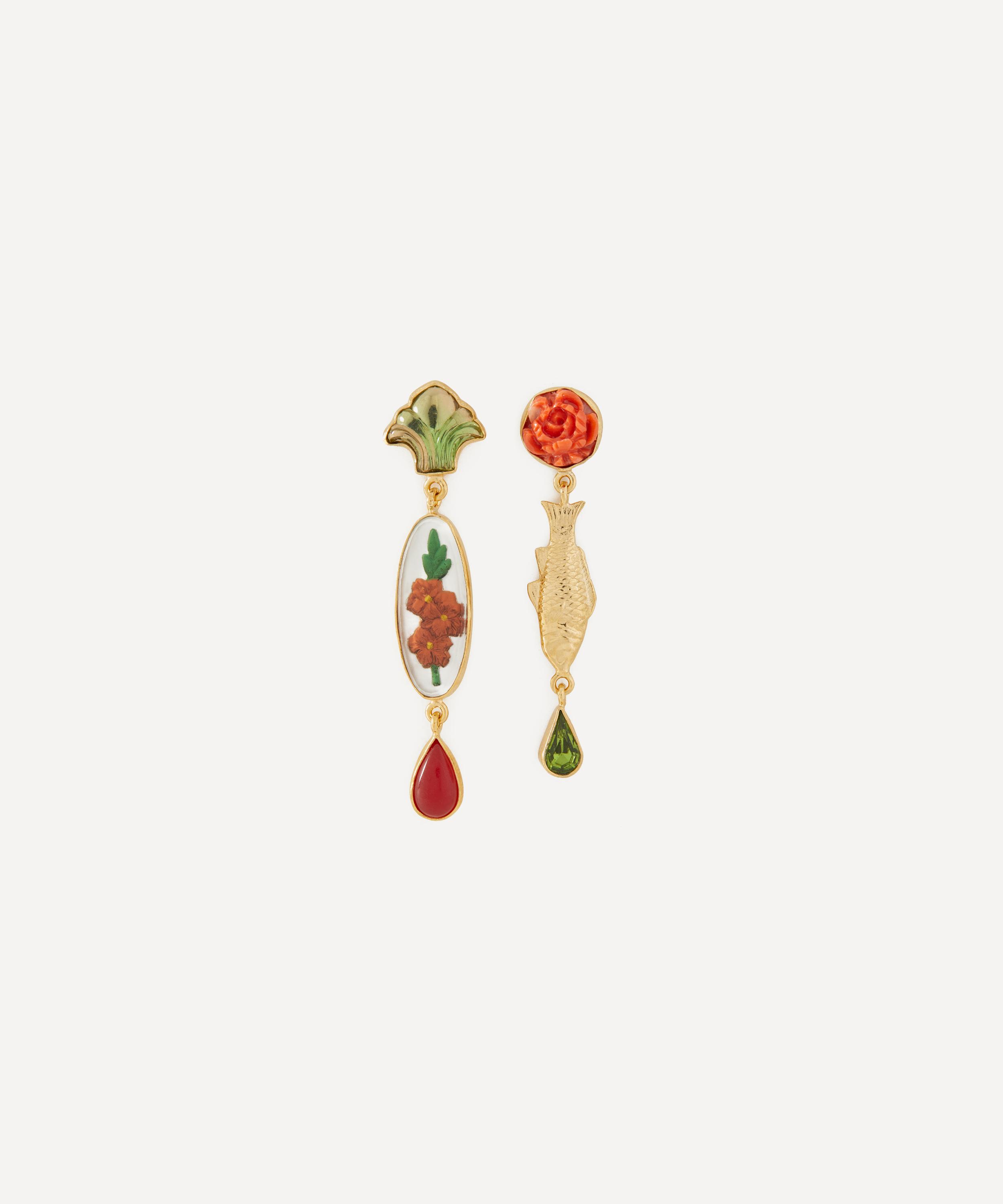 Grainne Morton - 18ct Gold-Plated Fish and Vintage Cabochon Drop Earrings image number 0