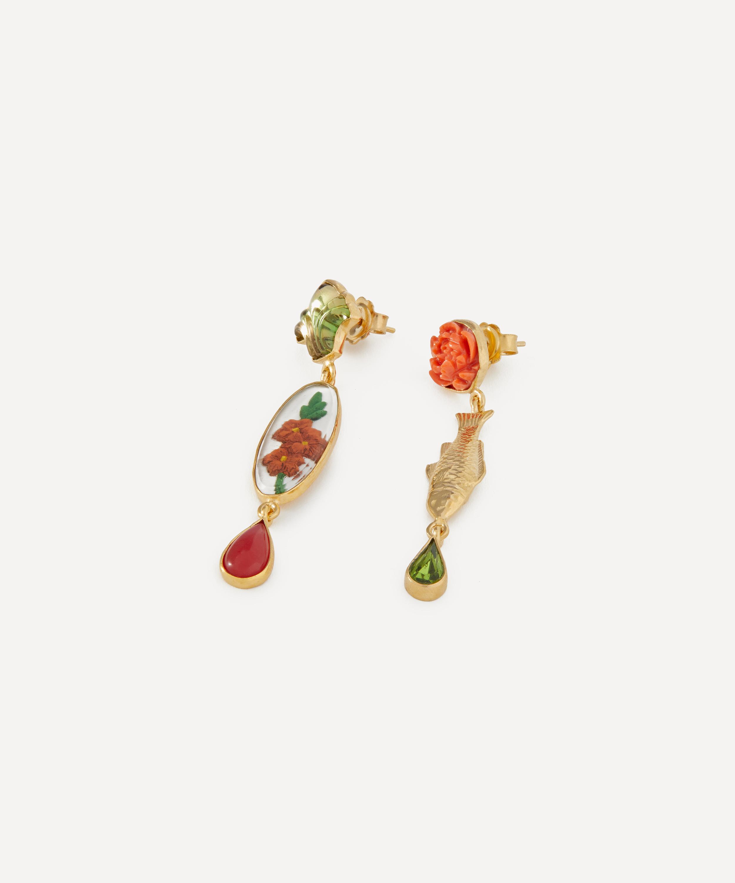 Grainne Morton - 18ct Gold-Plated Fish and Vintage Cabochon Drop Earrings image number 1