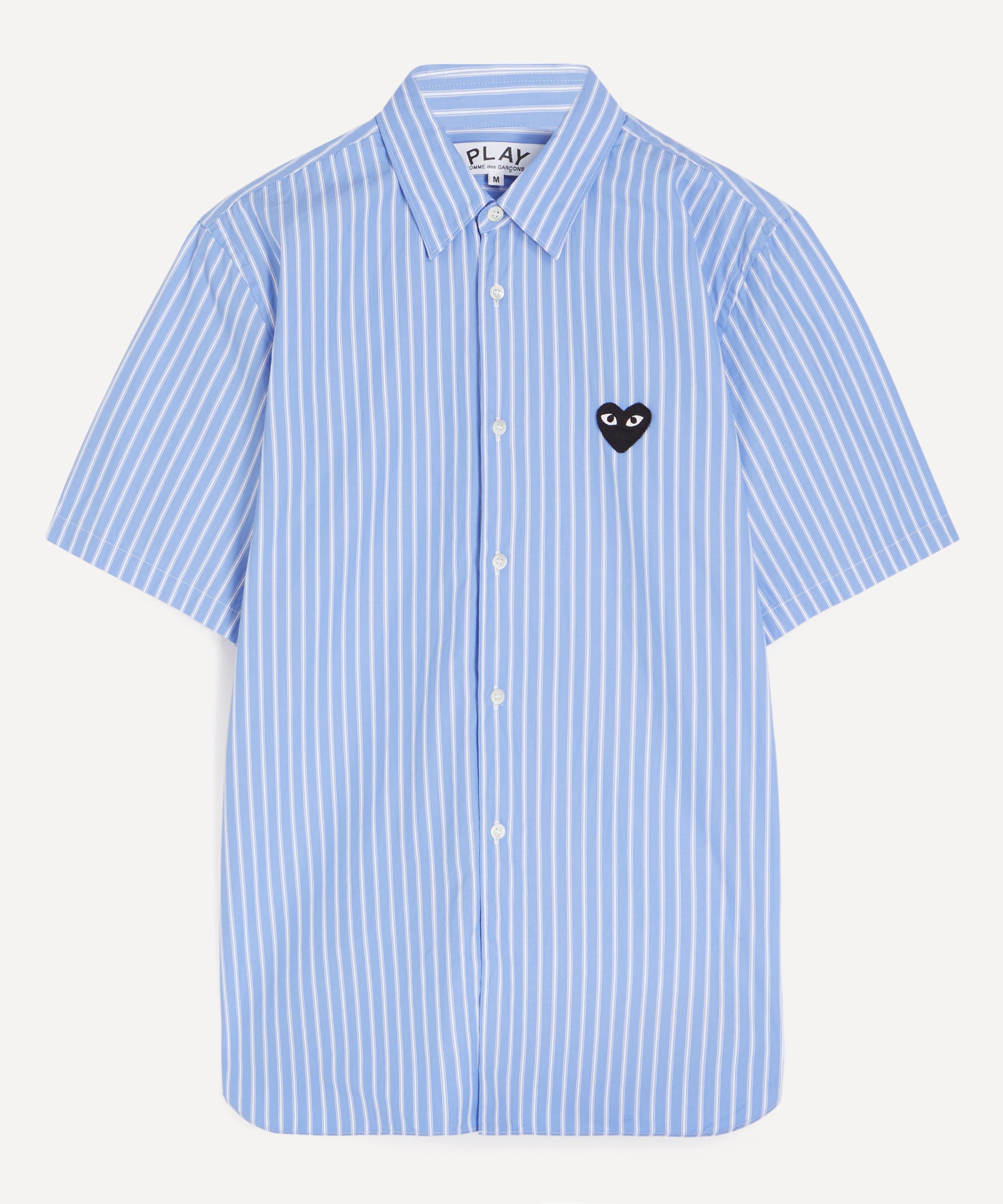 Comme des Gar&ccedil;ons Play - Blue Striped Black Emblem Short-Sleeve Shirt
