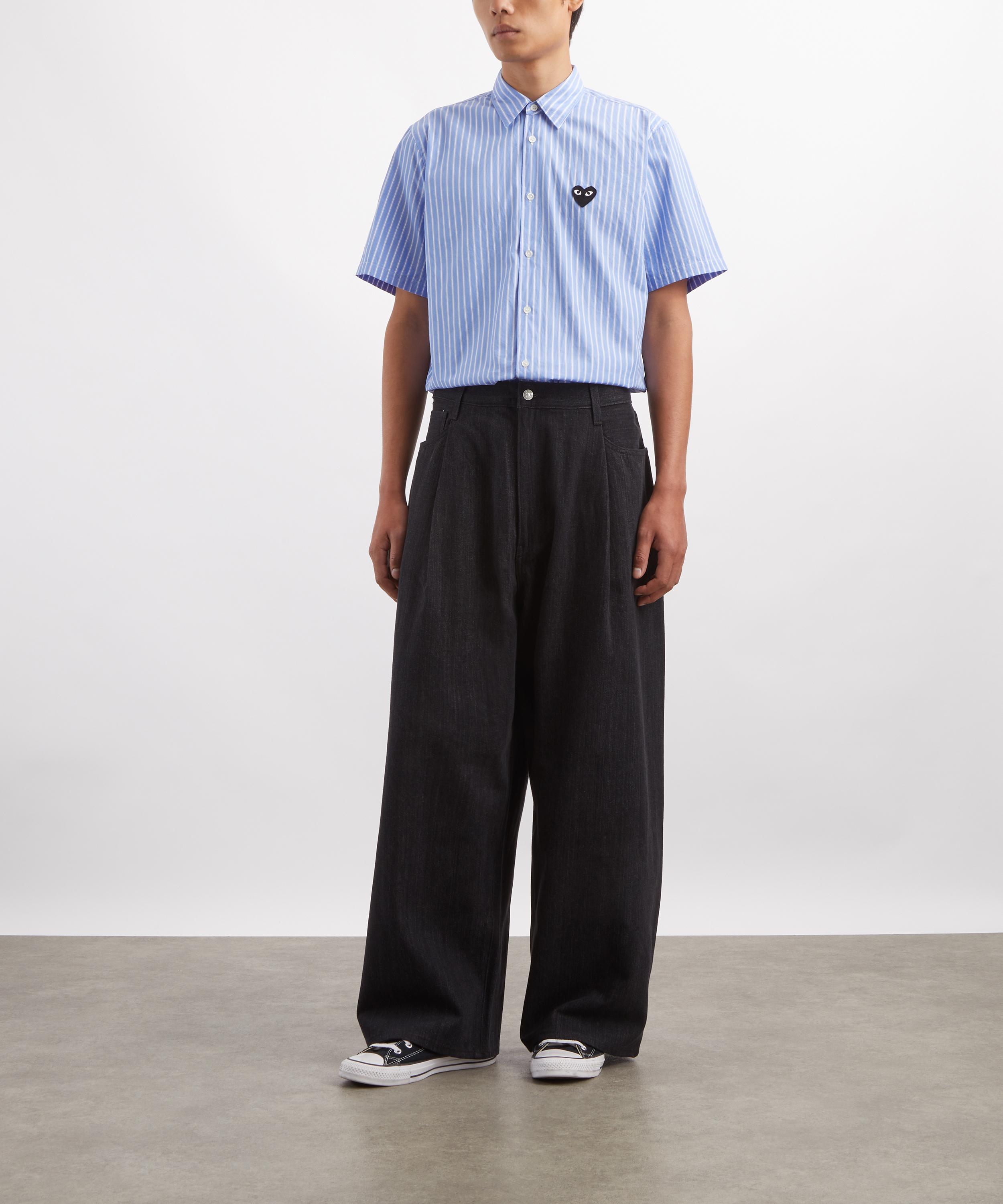Comme des Gar&ccedil;ons Play - Blue Striped Black Emblem Short-Sleeve Shirt image number 1