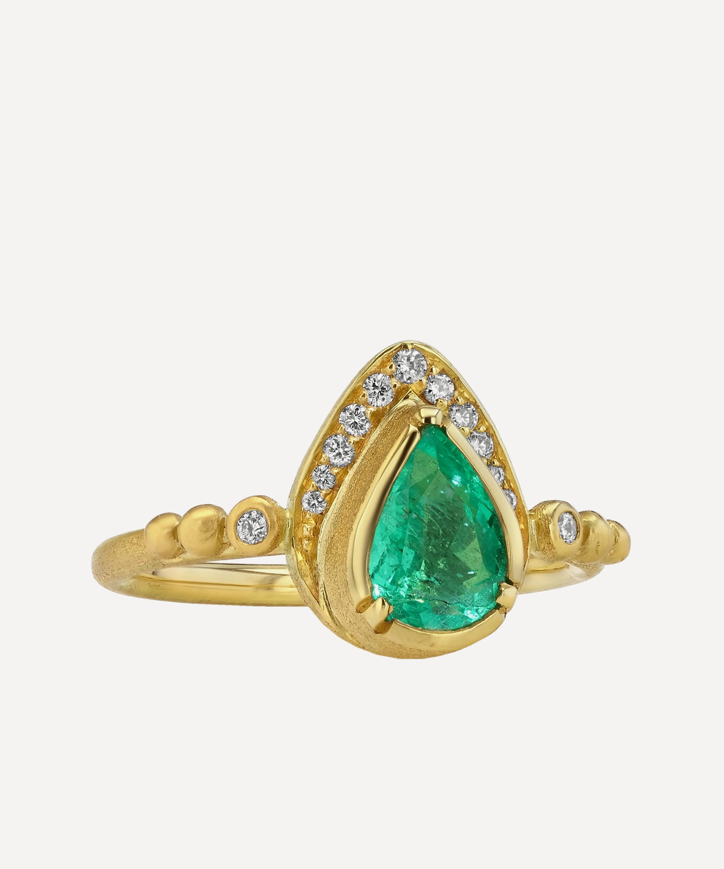 Brooke Gregson - 18ct Gold Teardrop Emerald Diamond Halo Ring