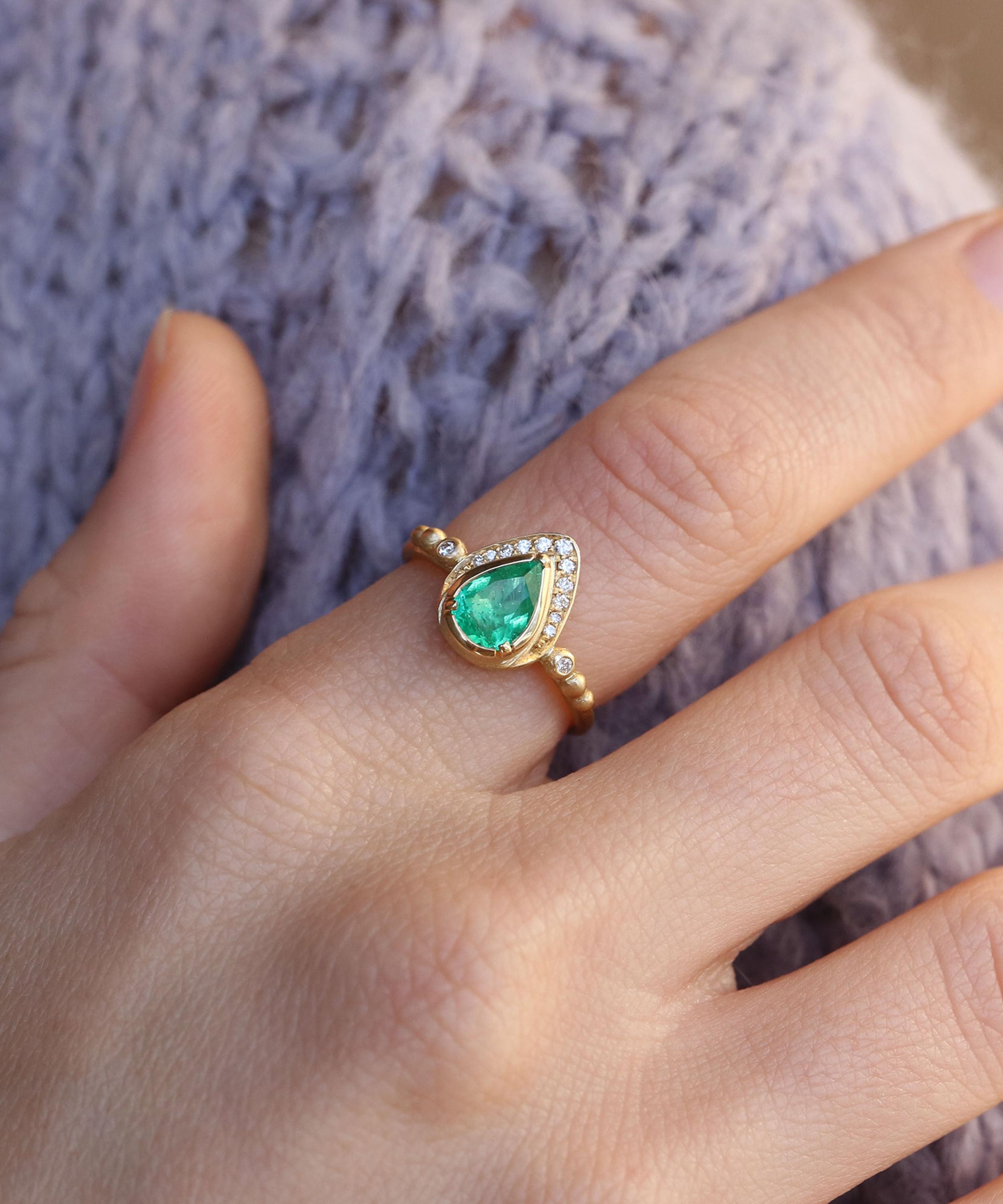 Brooke Gregson - 18ct Gold Teardrop Emerald Diamond Halo Ring image number 1
