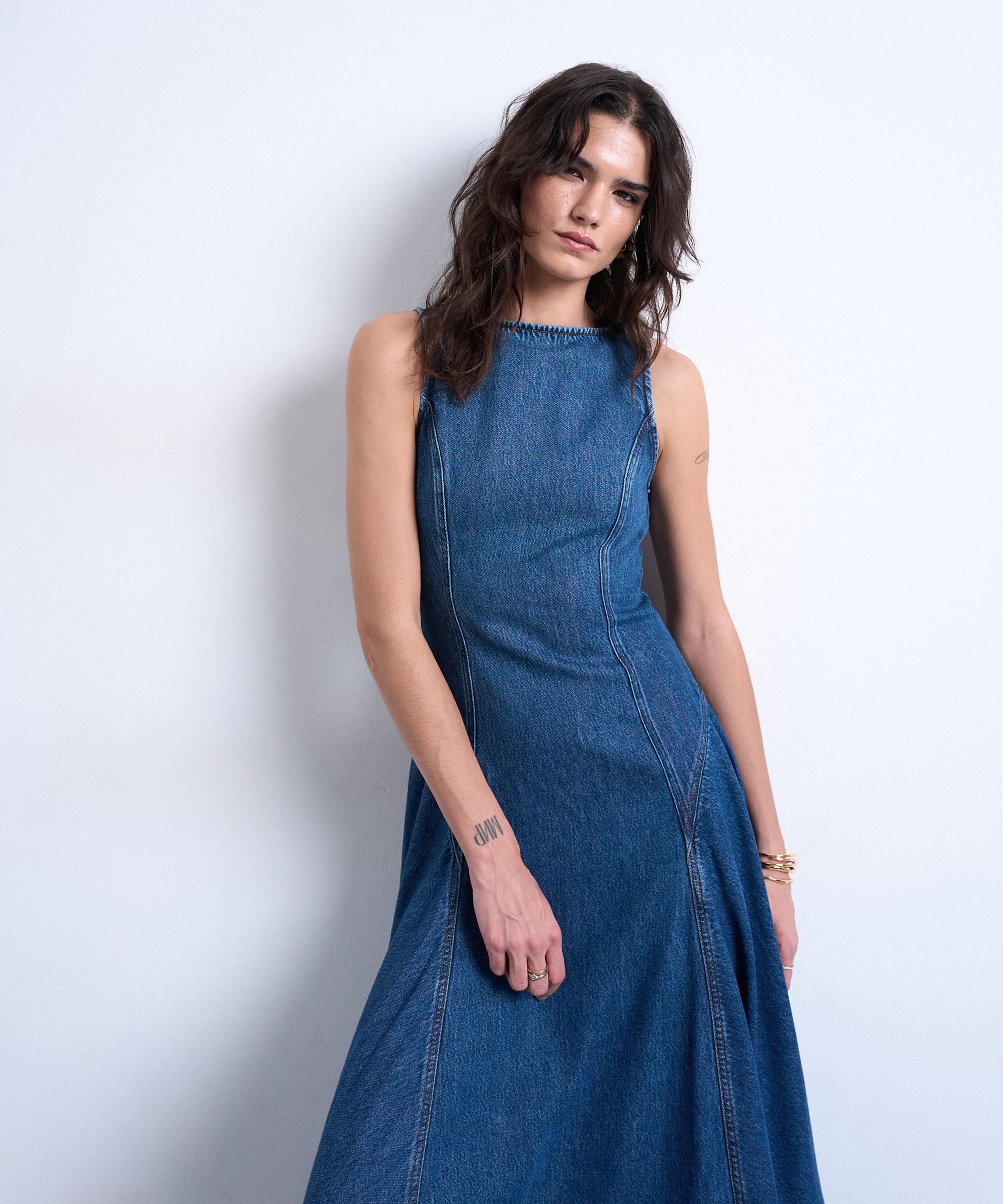 TOPSHOP - Mid-Blue Denim Dropped Waist Dress image number 1
