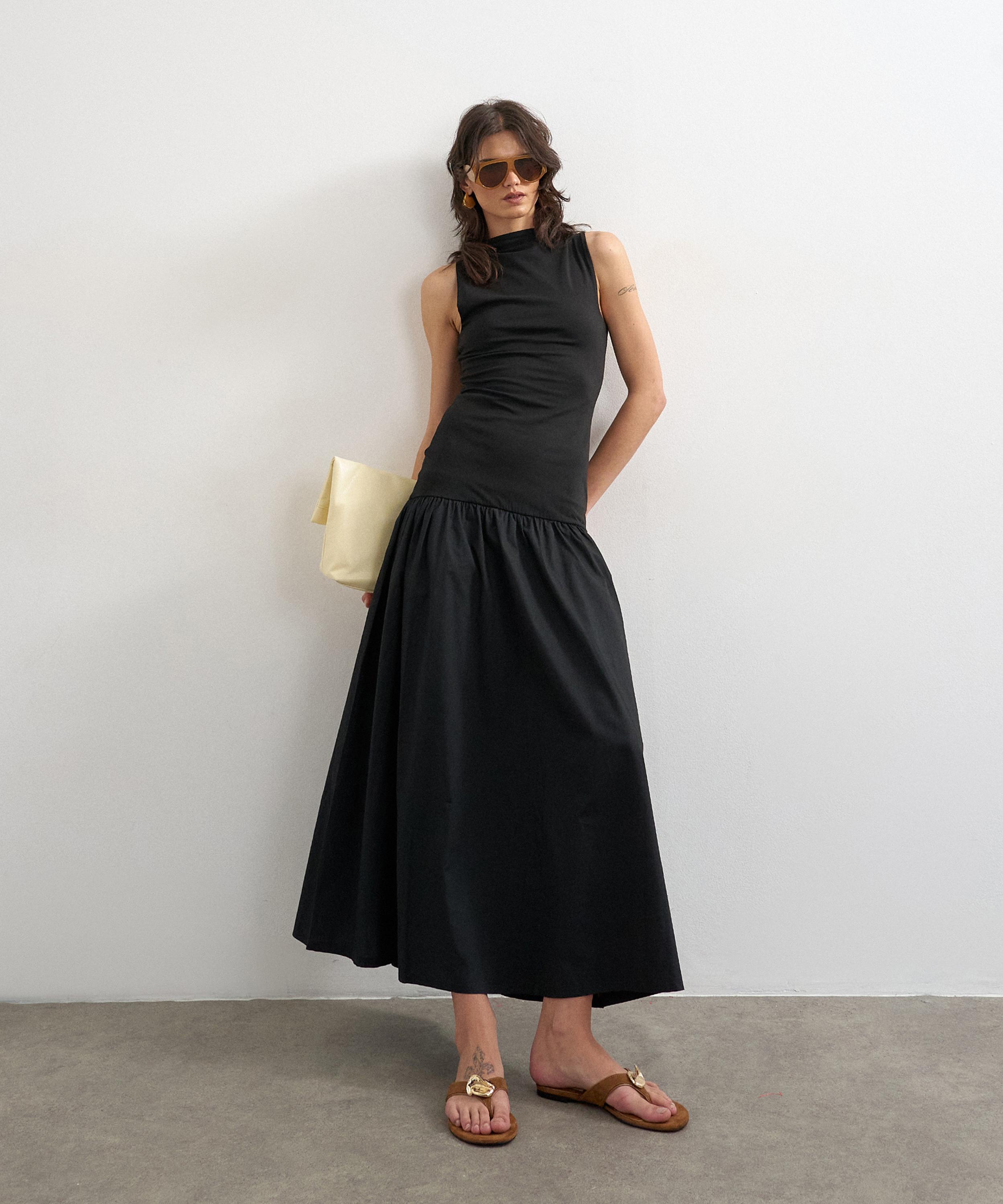 TOPSHOP - Black Drop Waist Poplin Mix Maxi Dress