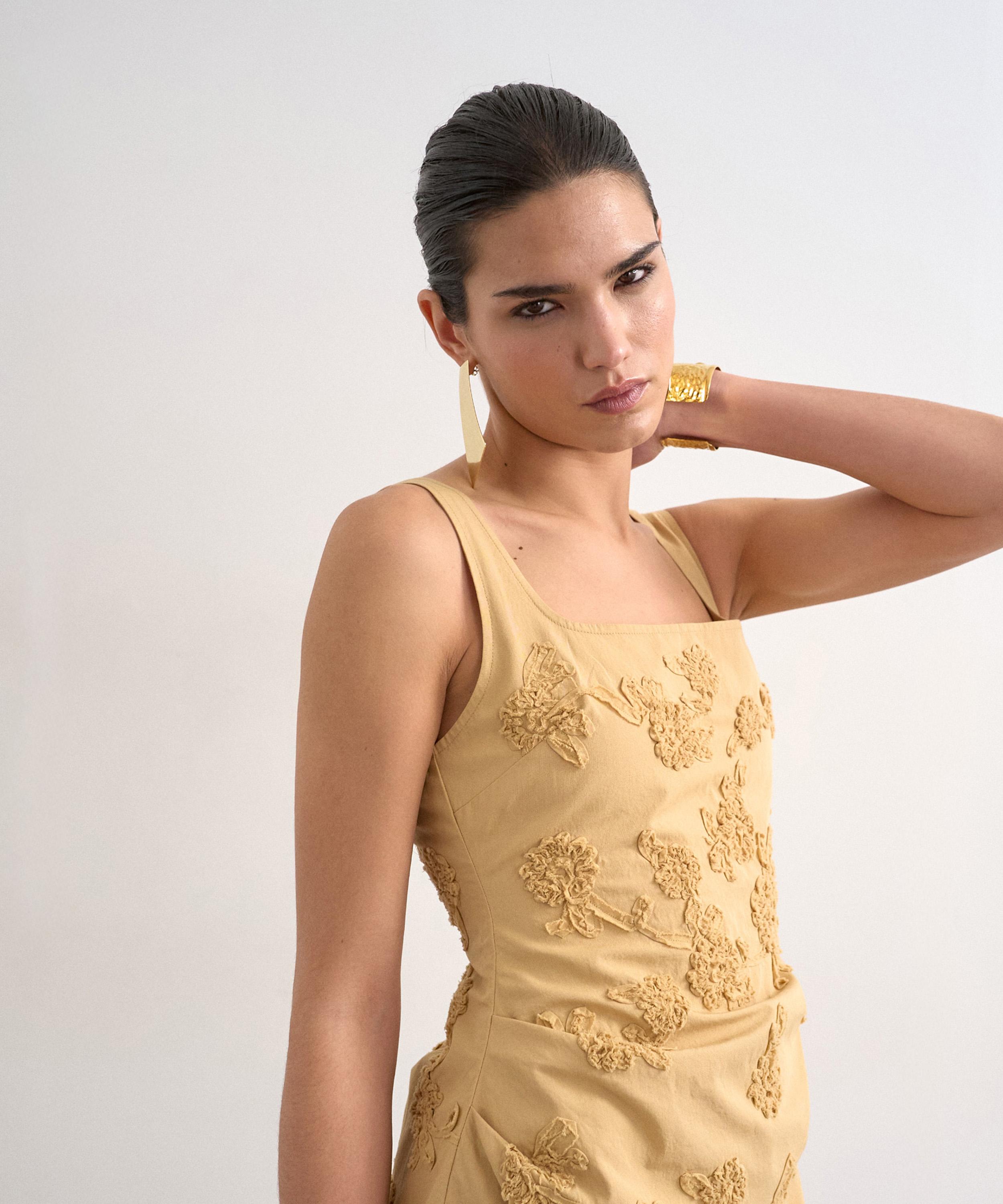 TOPSHOP - Beige 3D Flowers Structured Drape Mini Dress image number 2