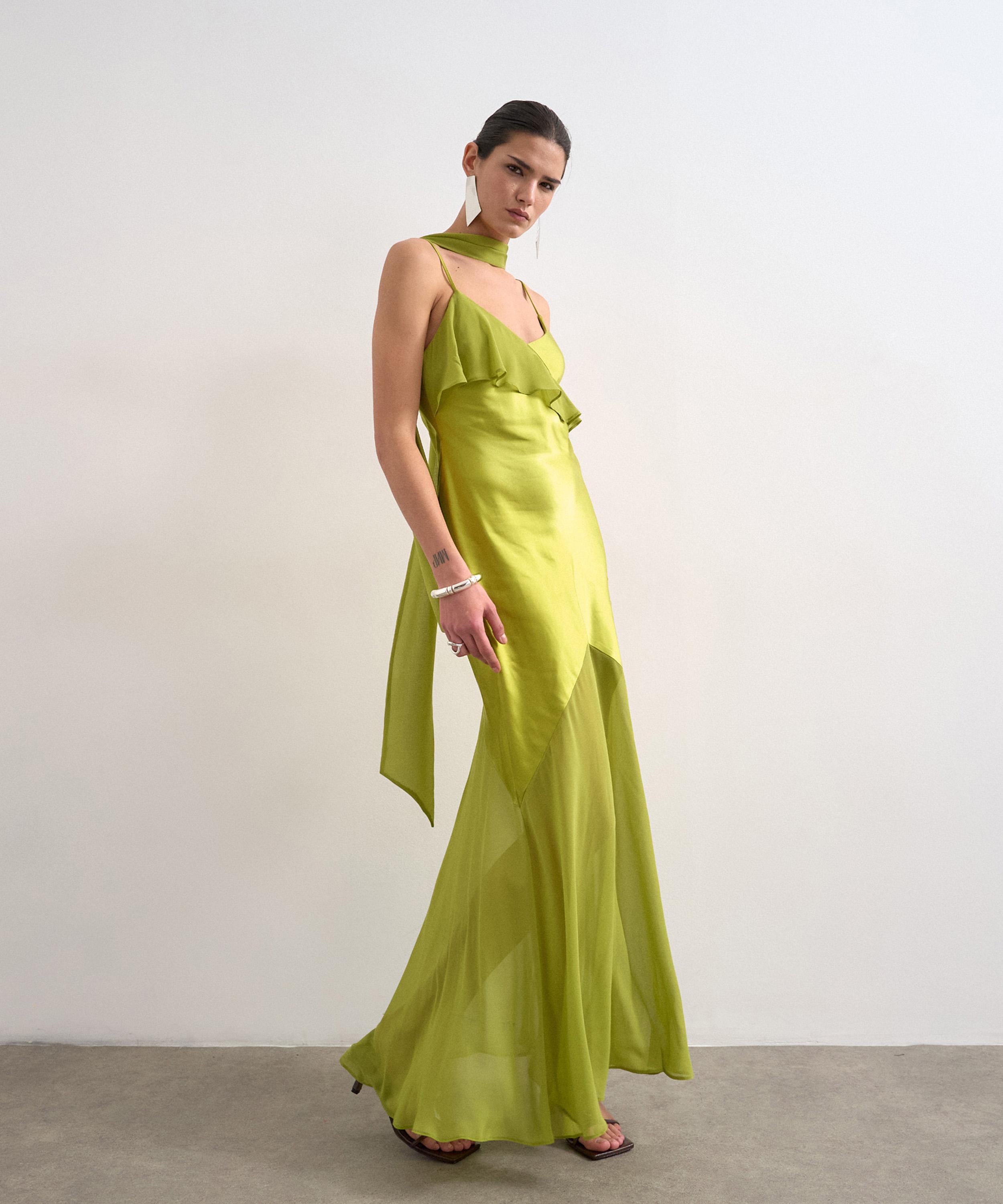 TOPSHOP - Green Mixed Fabric Ruffle Detail Maxi Slip Dress