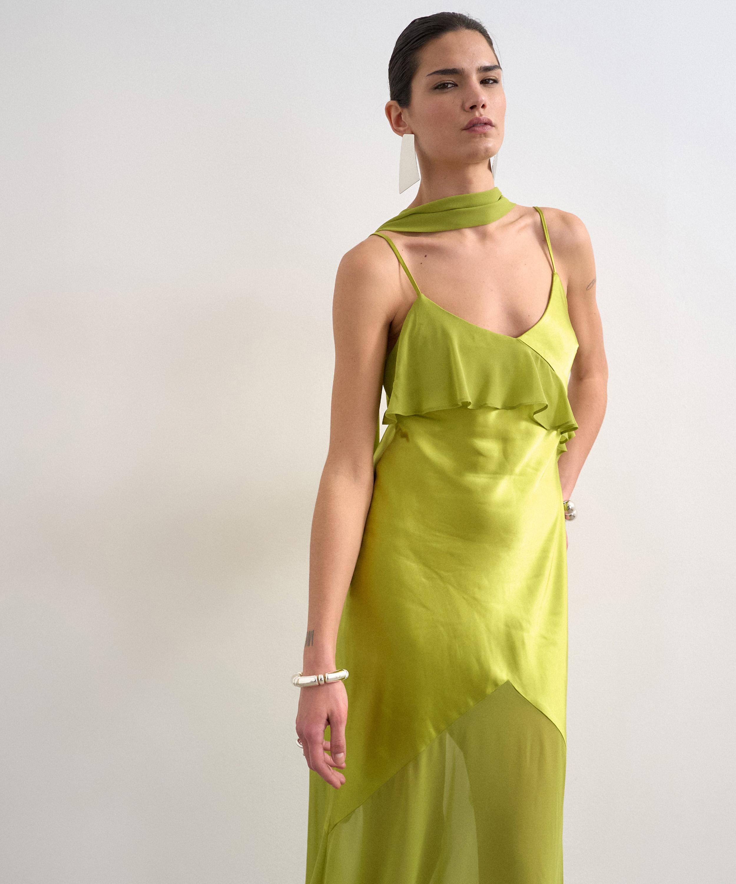 TOPSHOP - Green Mixed Fabric Ruffle Detail Maxi Slip Dress image number 1