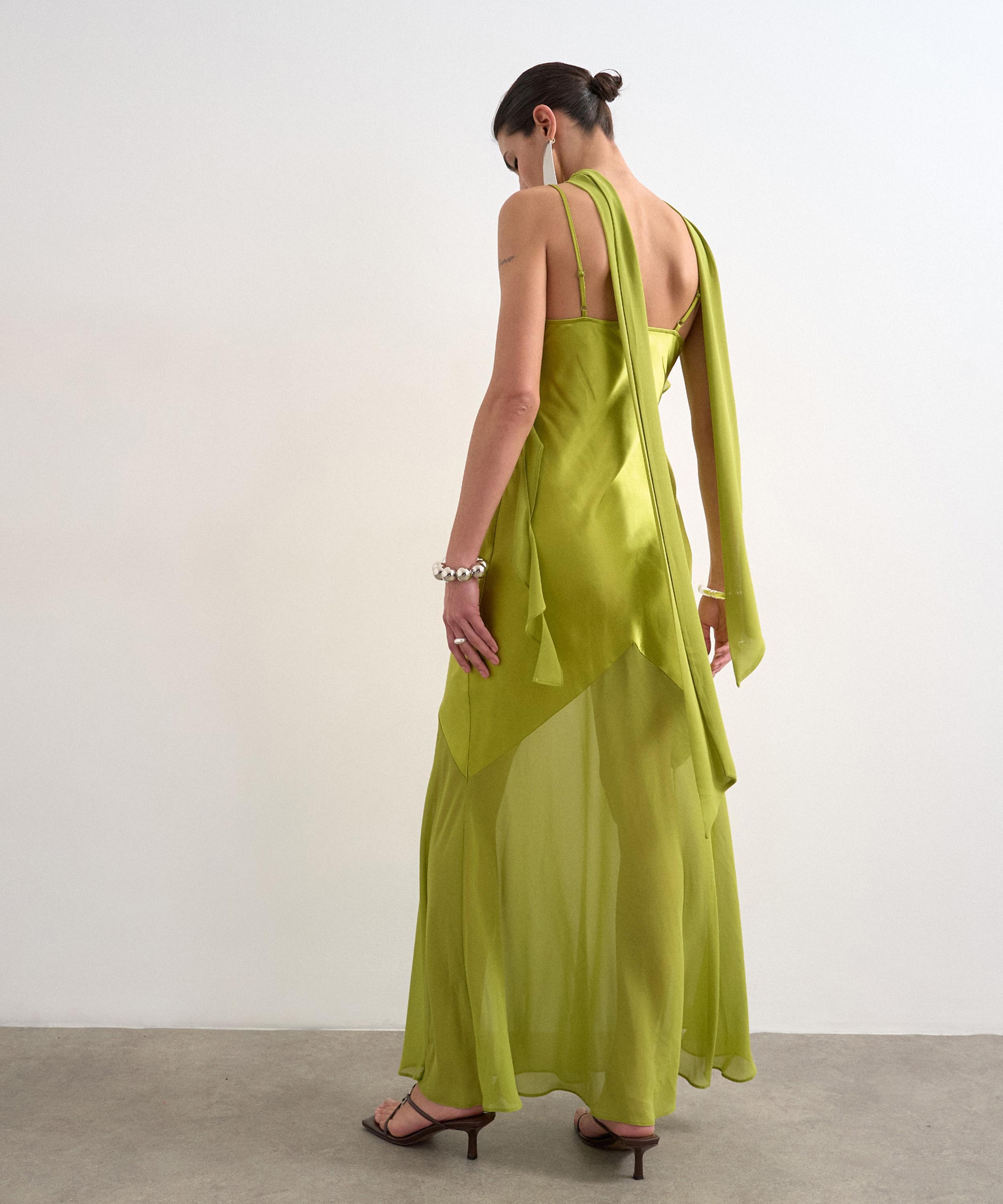 TOPSHOP - Green Mixed Fabric Ruffle Detail Maxi Slip Dress image number 3