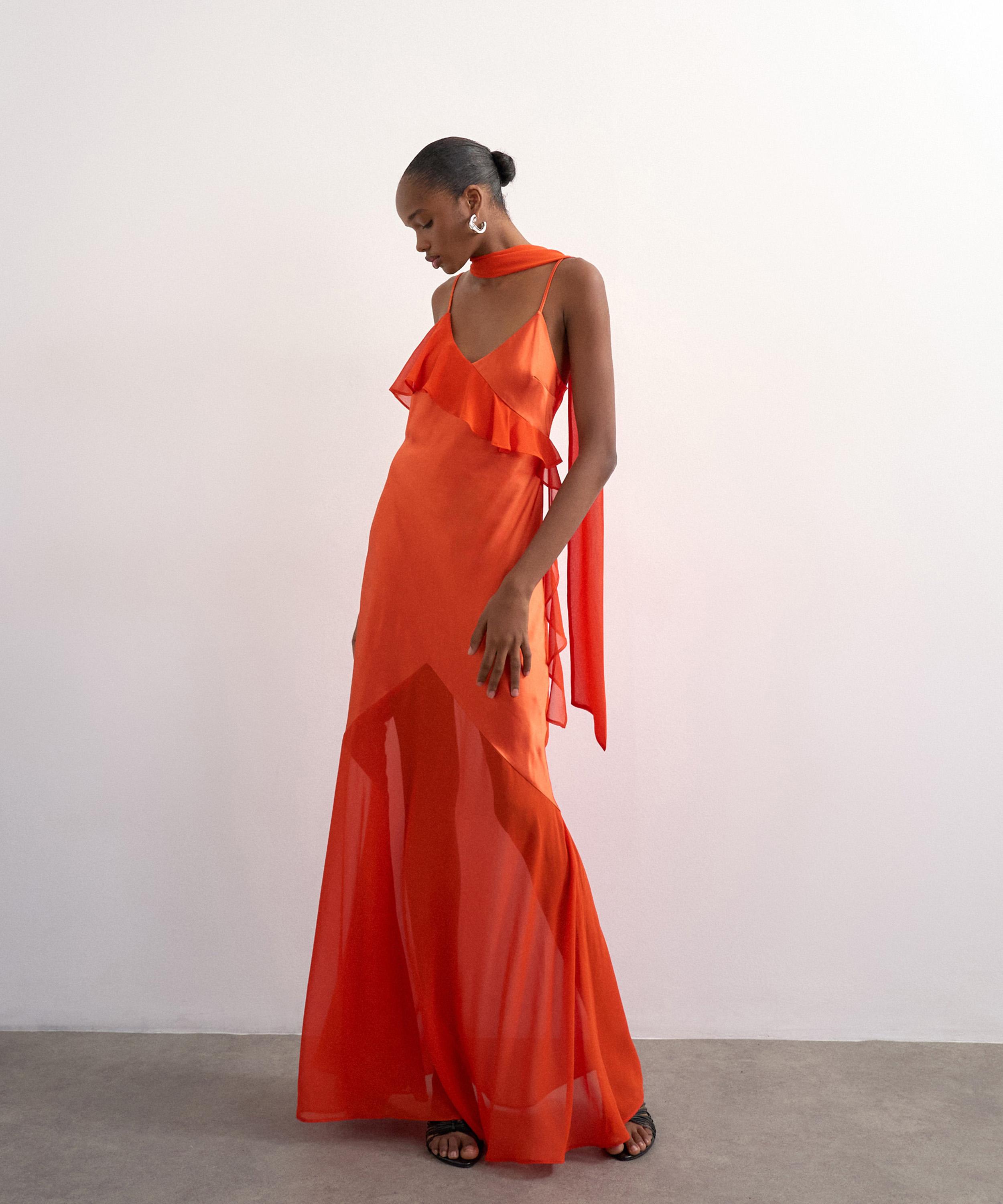 TOPSHOP - Rust Mixed Fabric Ruffle Detail Maxi Slip Dress