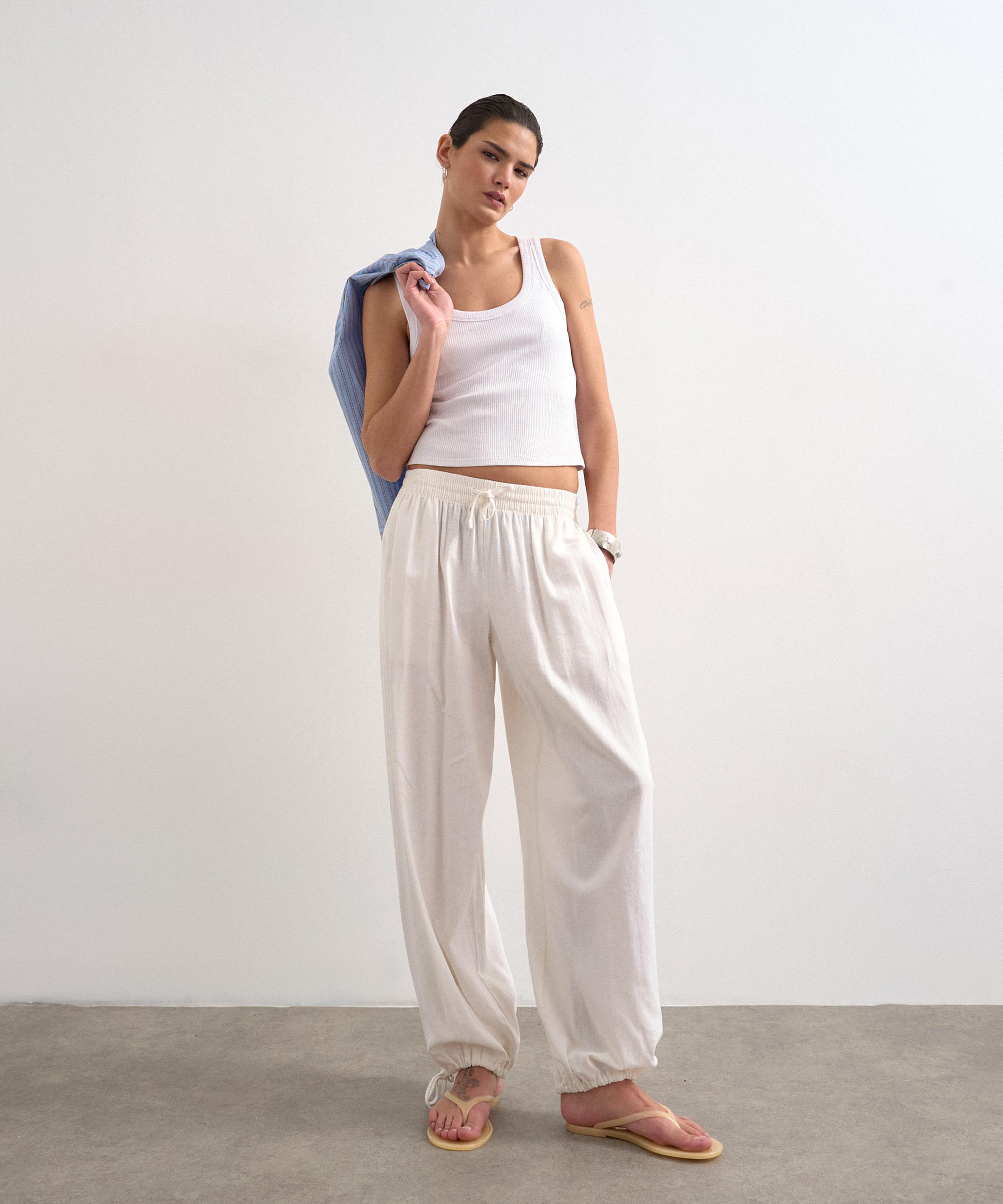 TOPSHOP - White Linen Elasticated Waist Balloon Trousers