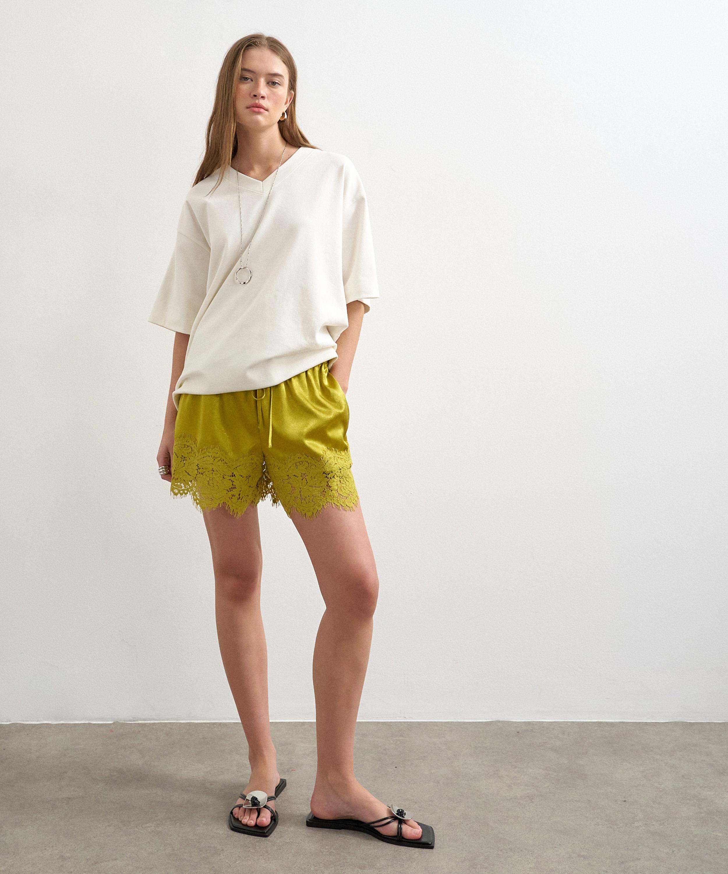 TOPSHOP - Chartreuse Crinkle Satin Mini Lace-Trim Shorts