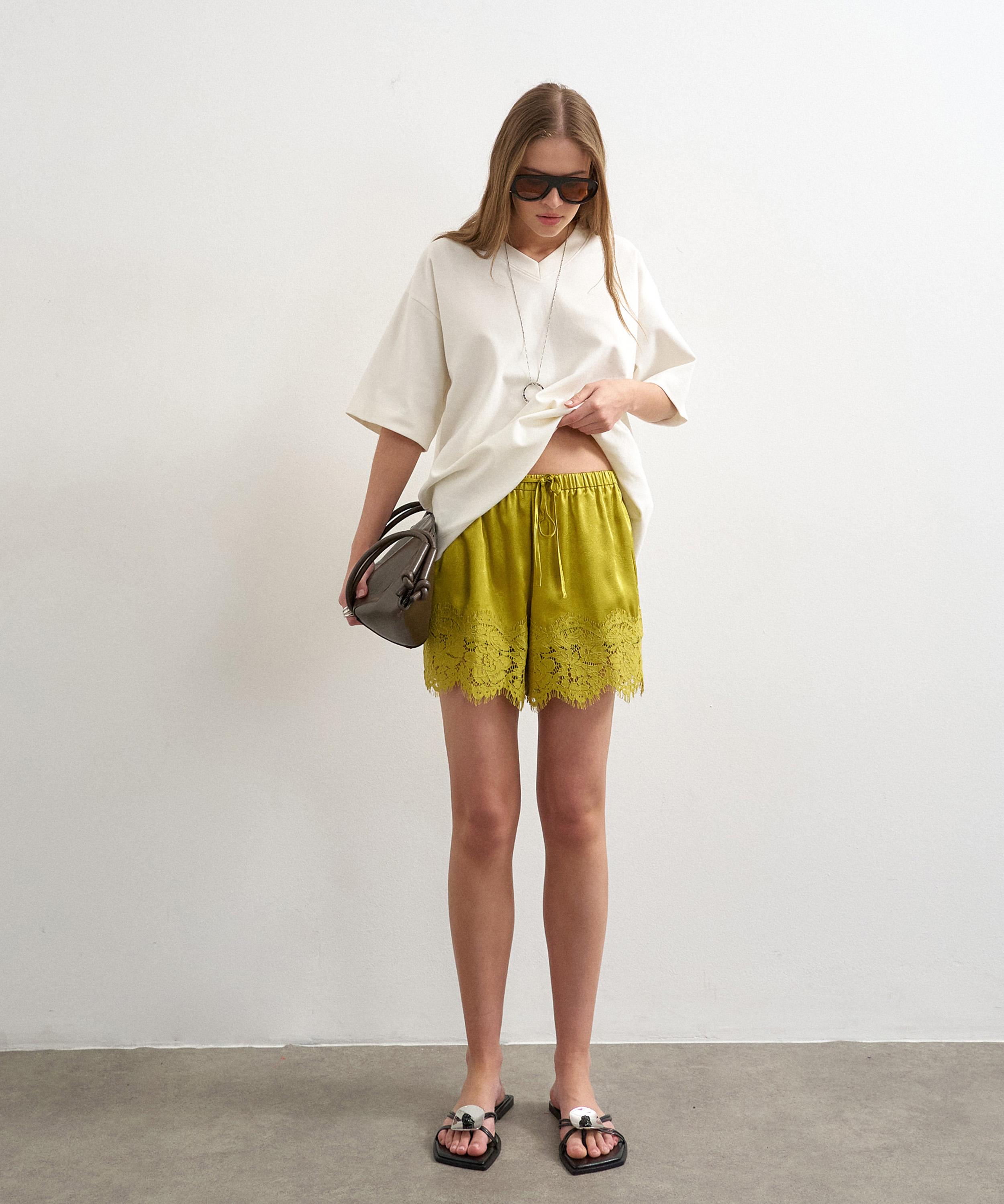 TOPSHOP - Chartreuse Crinkle Satin Mini Lace-Trim Shorts image number 1