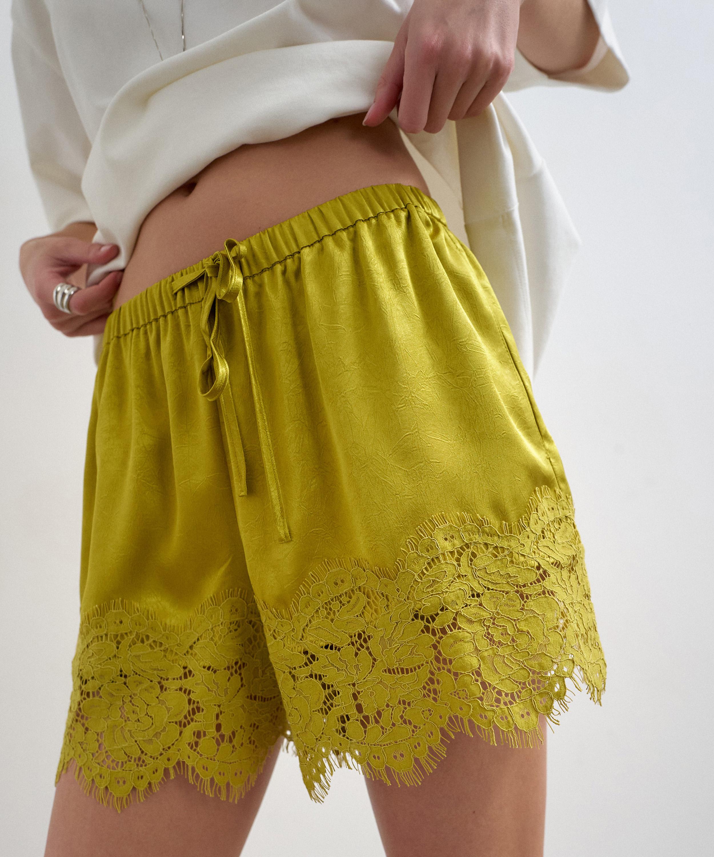 TOPSHOP - Chartreuse Crinkle Satin Mini Lace-Trim Shorts image number 2