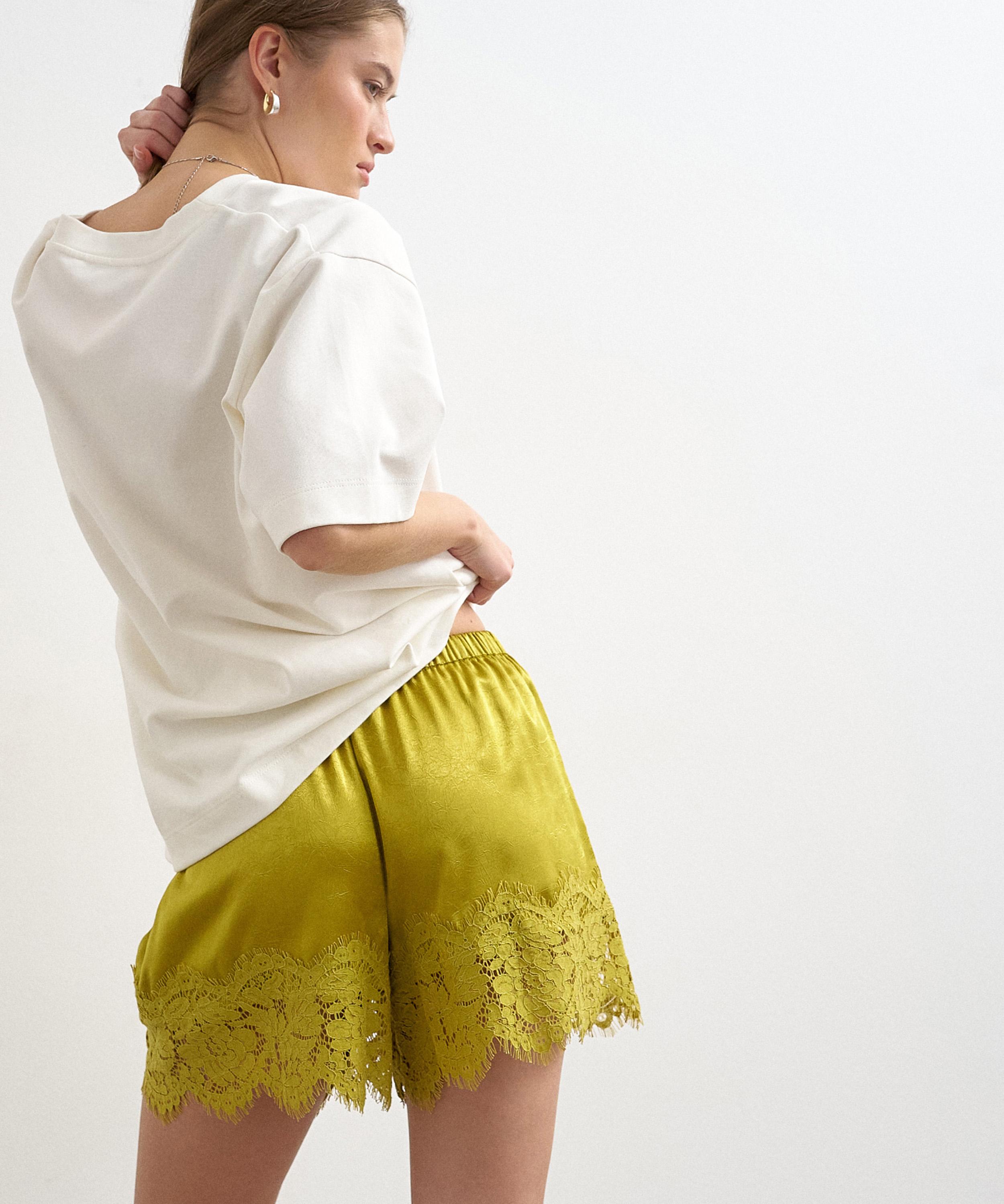 TOPSHOP - Chartreuse Crinkle Satin Mini Lace-Trim Shorts image number 3
