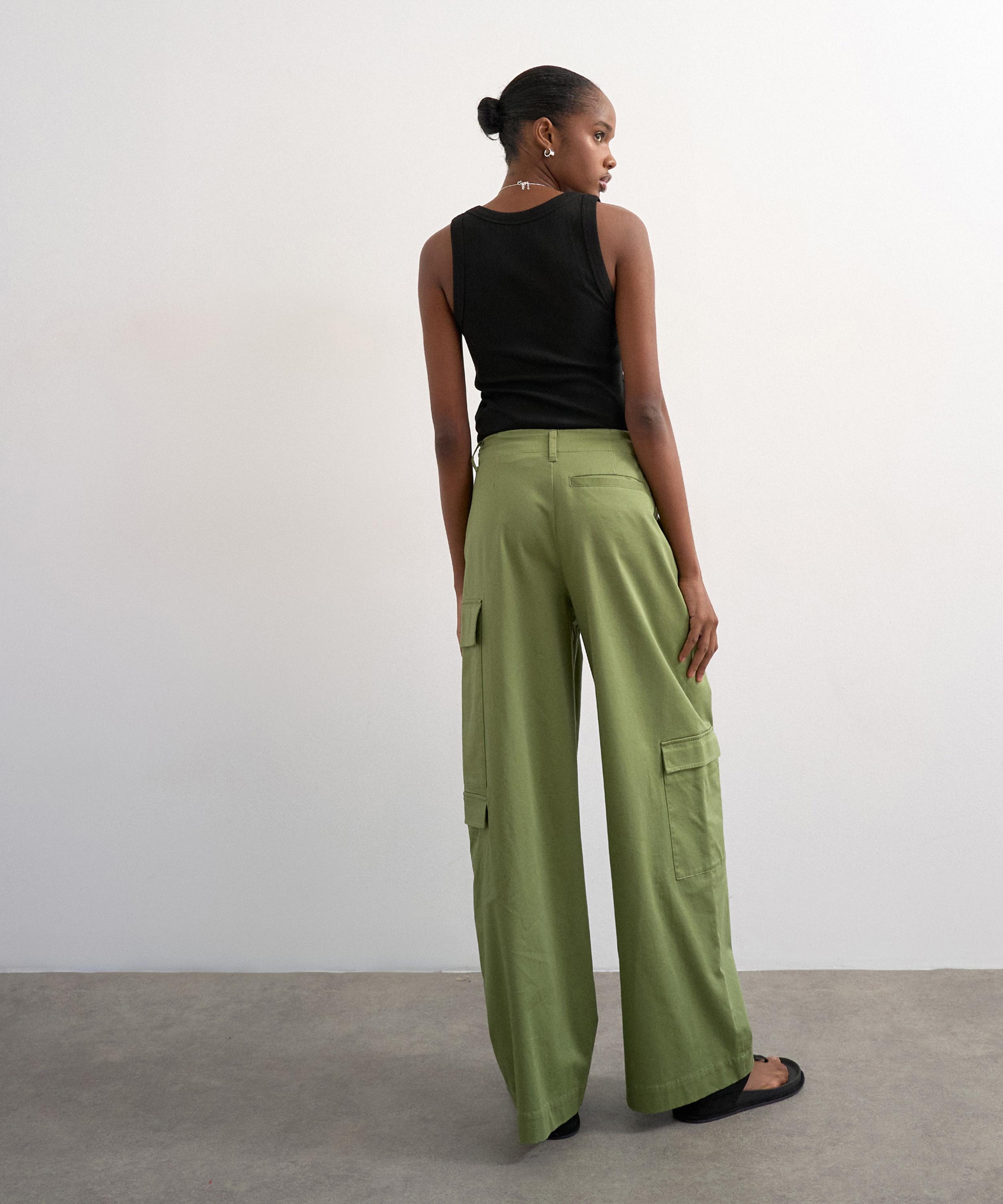TOPSHOP - Khaki A-Line Wide-Leg Cargo Trousers image number 3