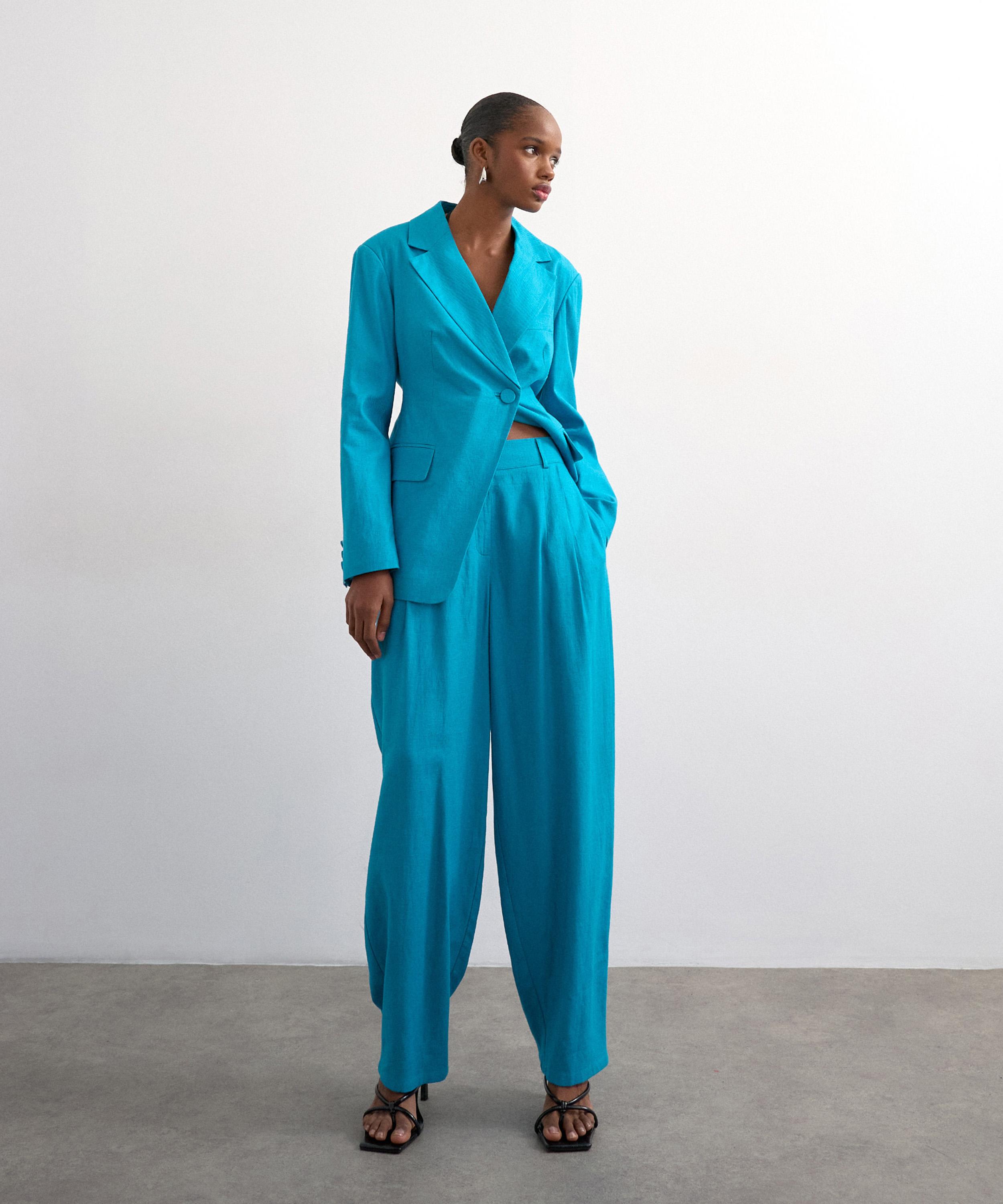 TOPSHOP - Turquoise Co-Ord Occasion Barrel Trousers image number 1