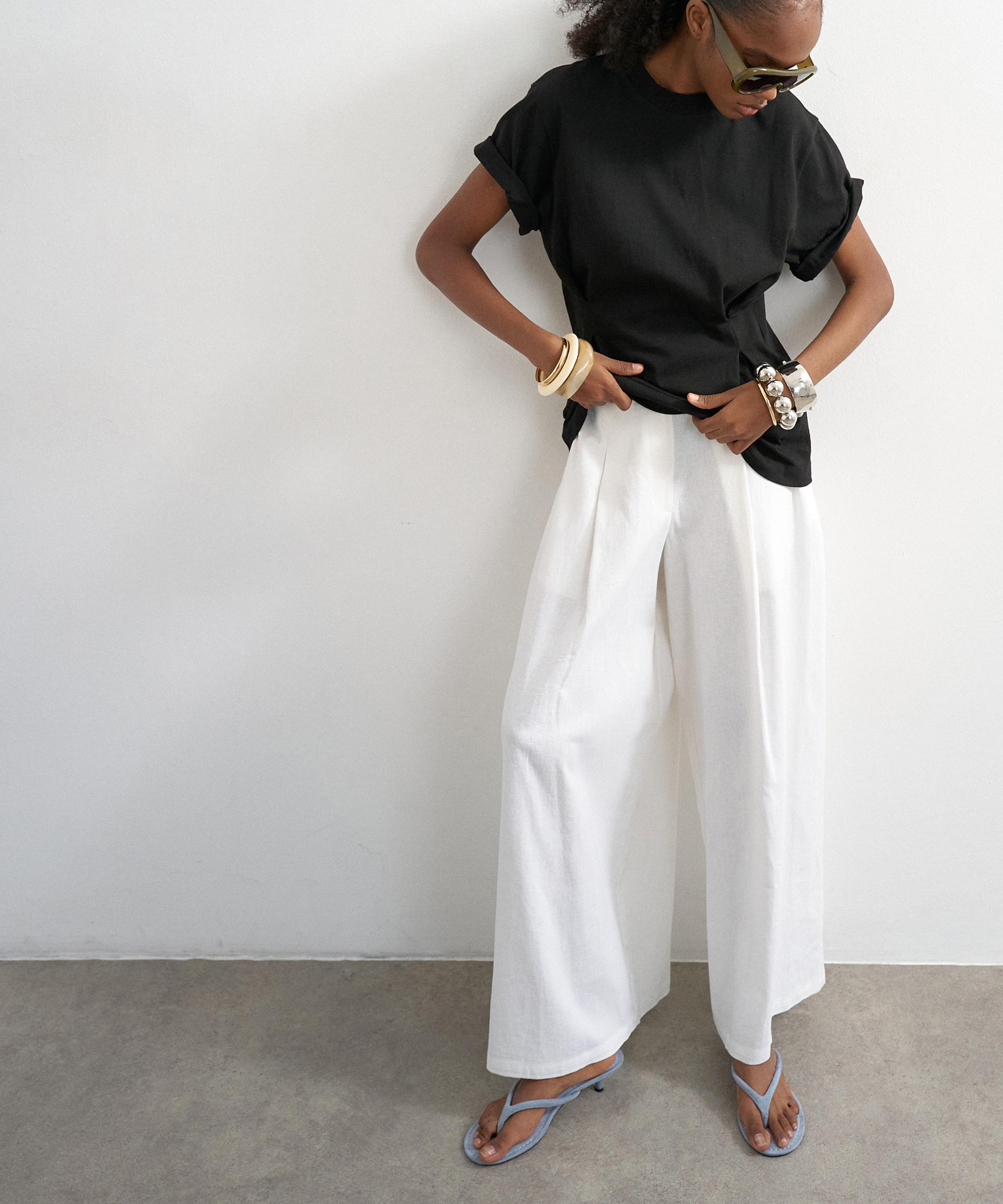 TOPSHOP - White Linen A-Line Wide-Leg Trousers image number 1