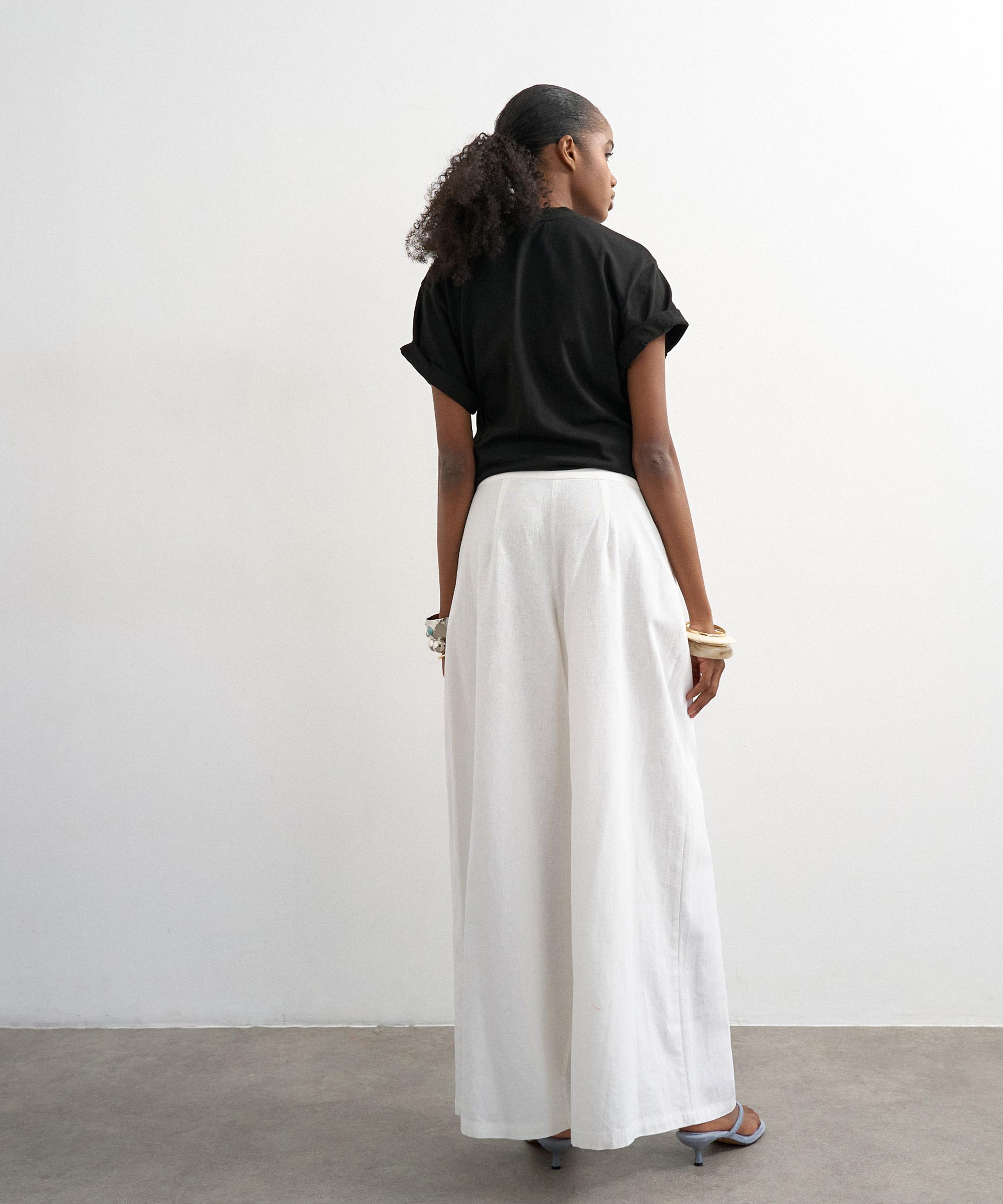 TOPSHOP - White Linen A-Line Wide-Leg Trousers image number 3