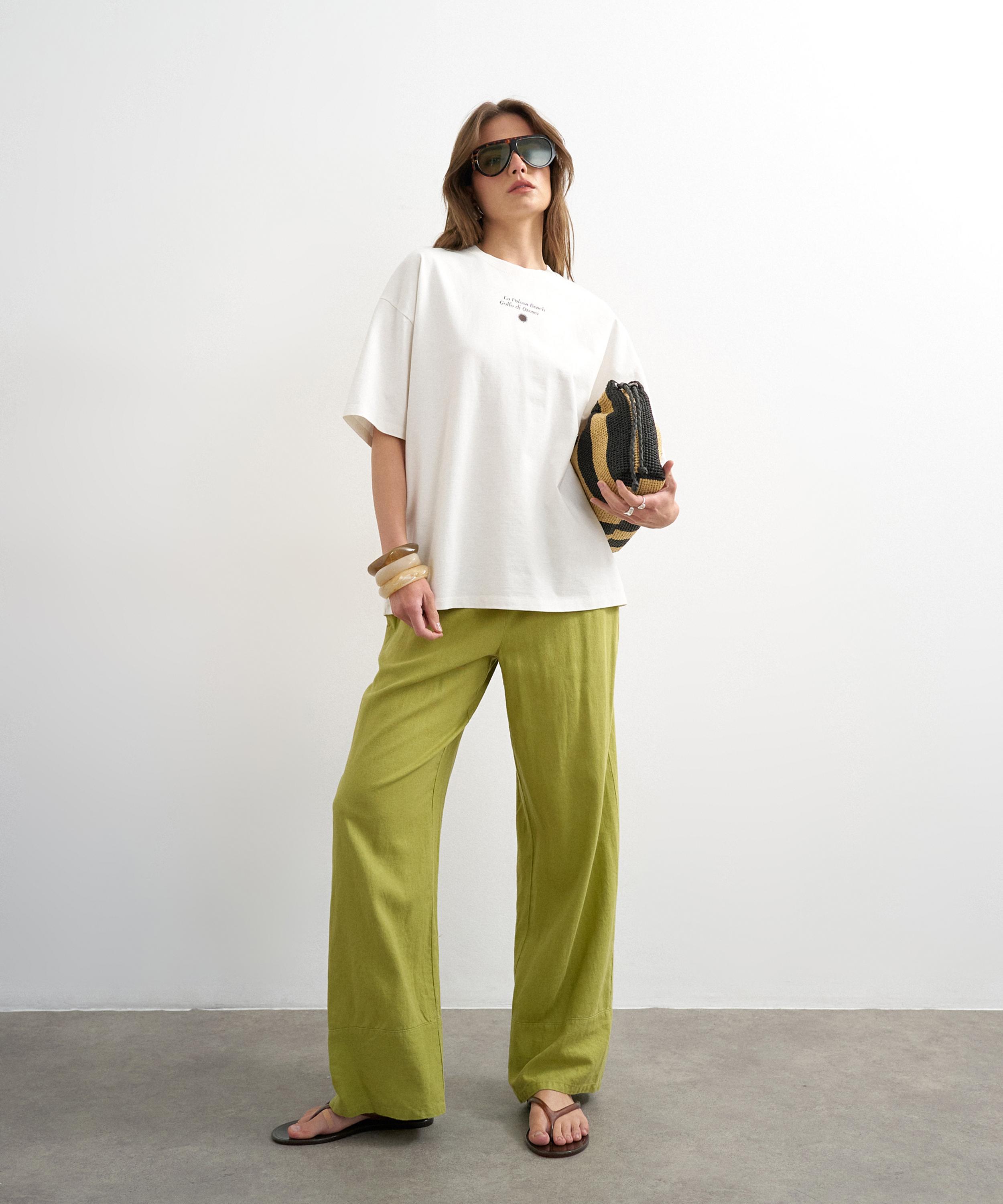 TOPSHOP - Green Linen Straight-Leg Deep Cuff Trousers