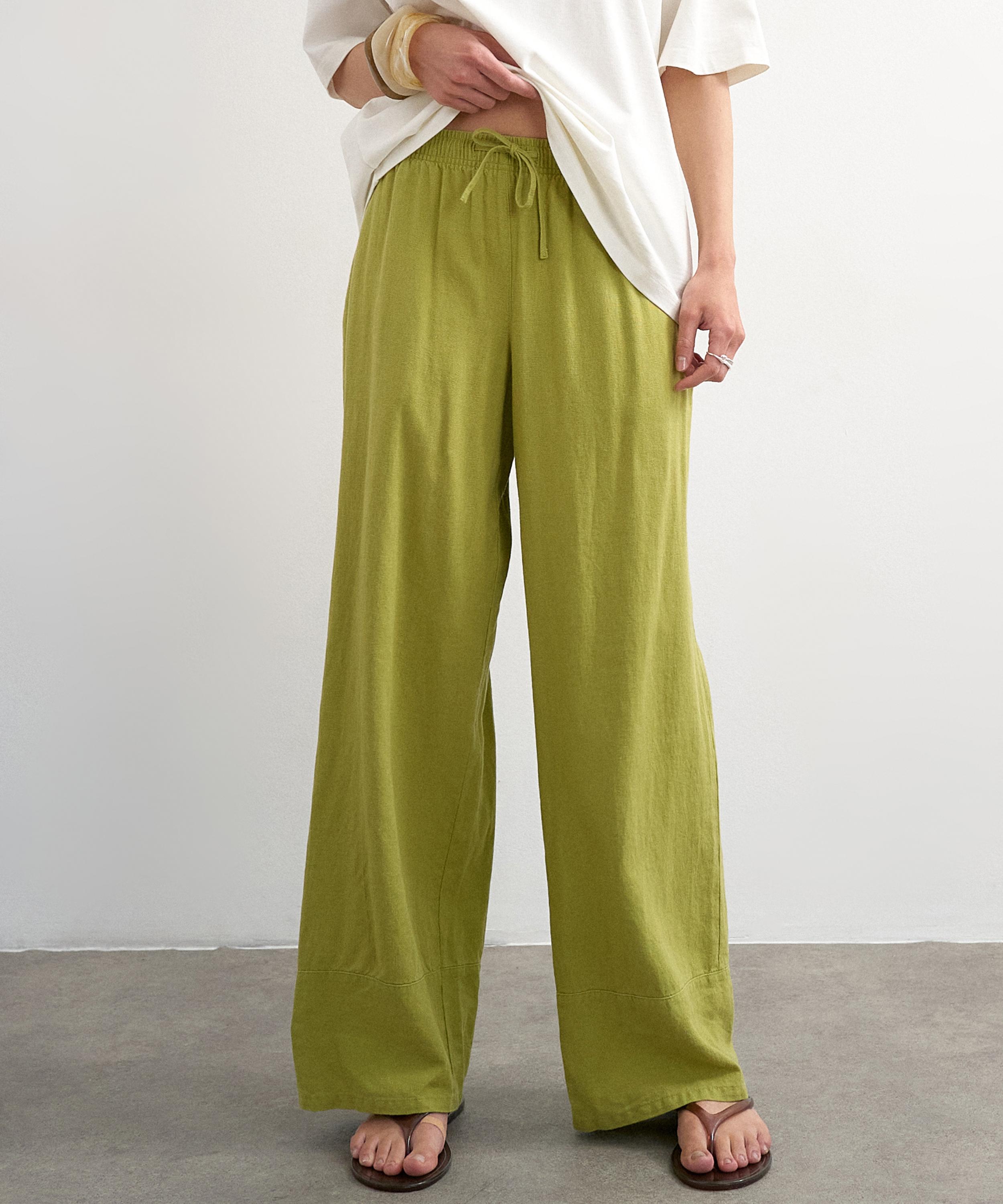TOPSHOP - Green Linen Straight-Leg Deep Cuff Trousers image number 1