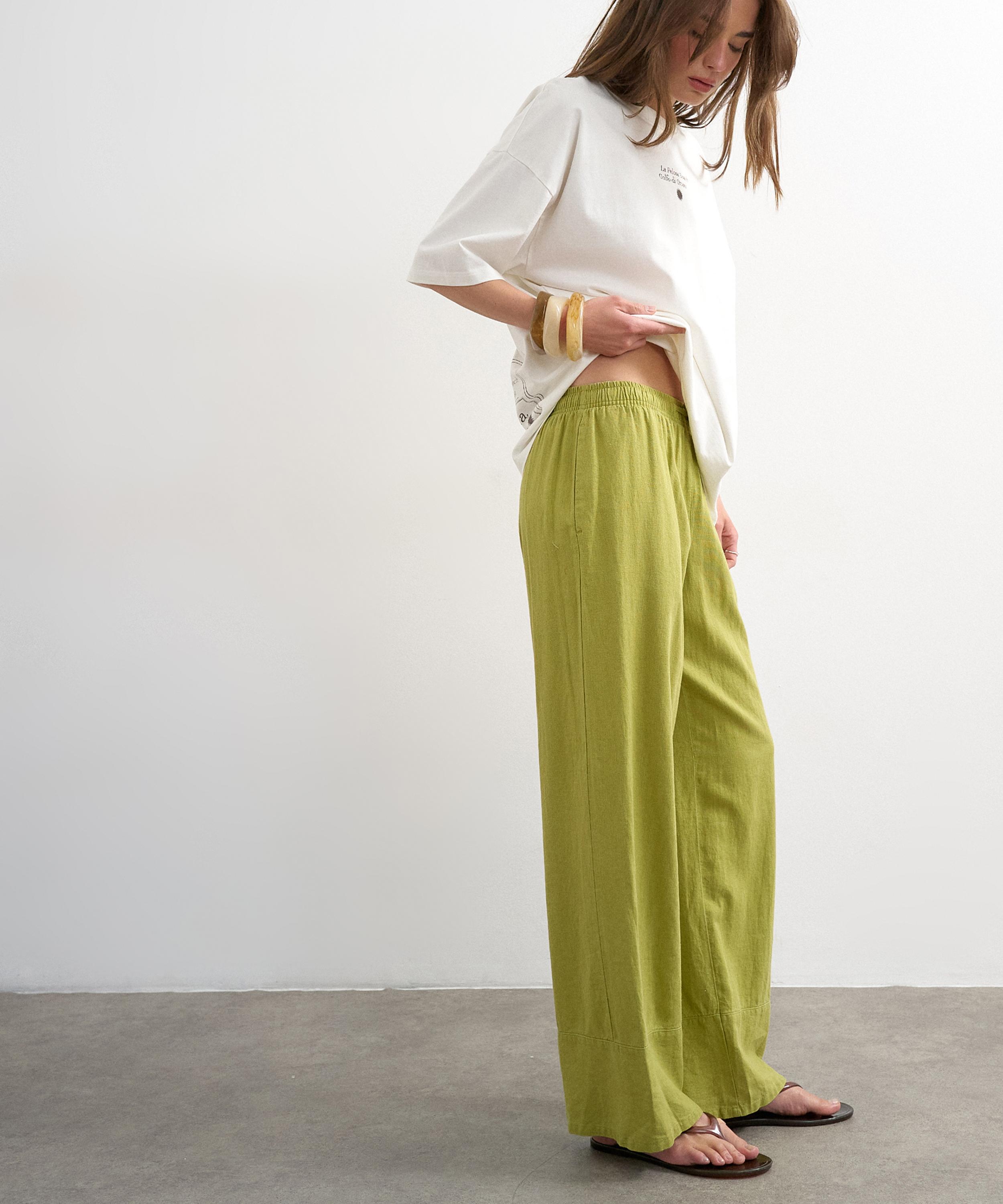 TOPSHOP - Green Linen Straight-Leg Deep Cuff Trousers image number 2