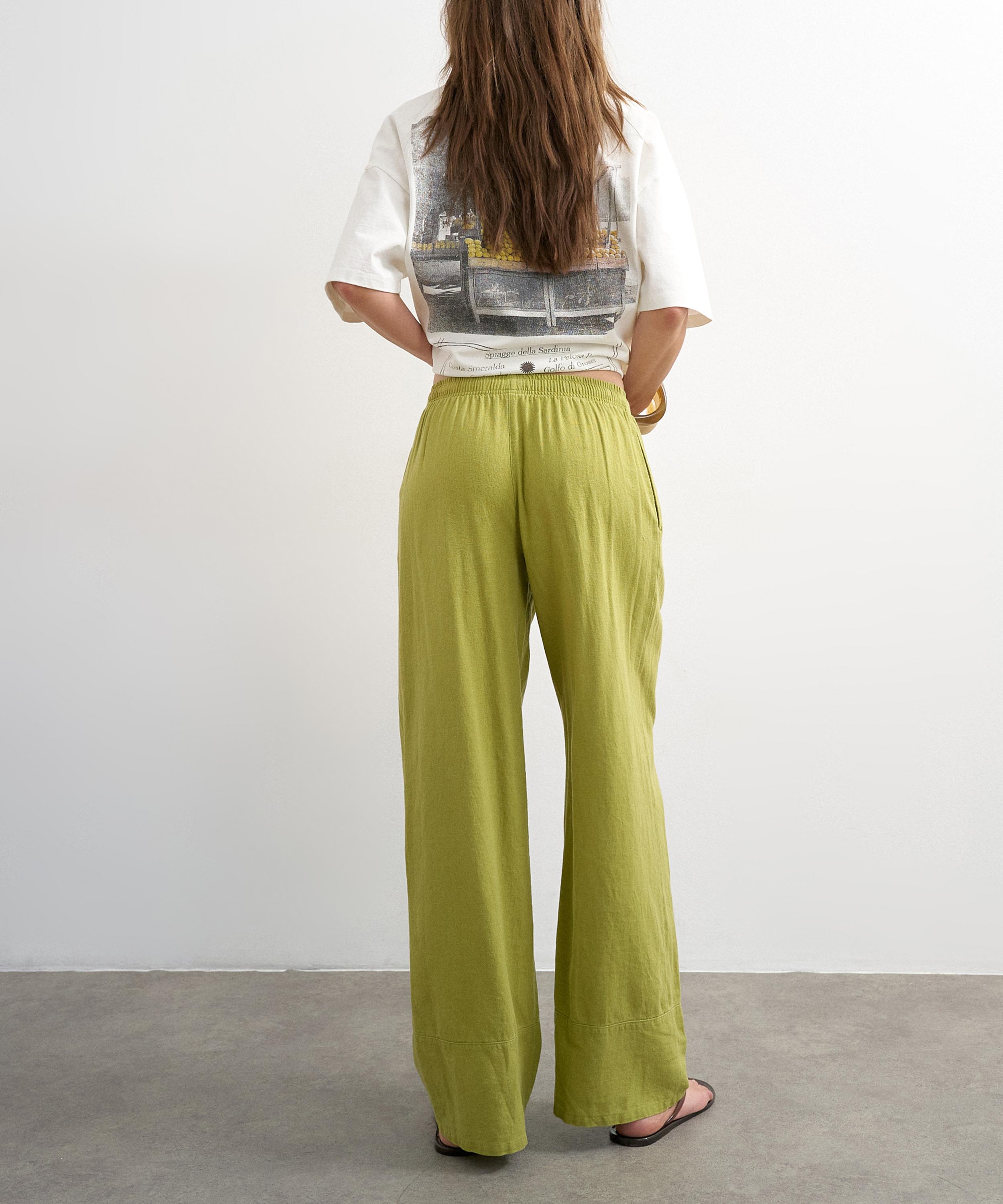 TOPSHOP - Green Linen Straight-Leg Deep Cuff Trousers image number 3