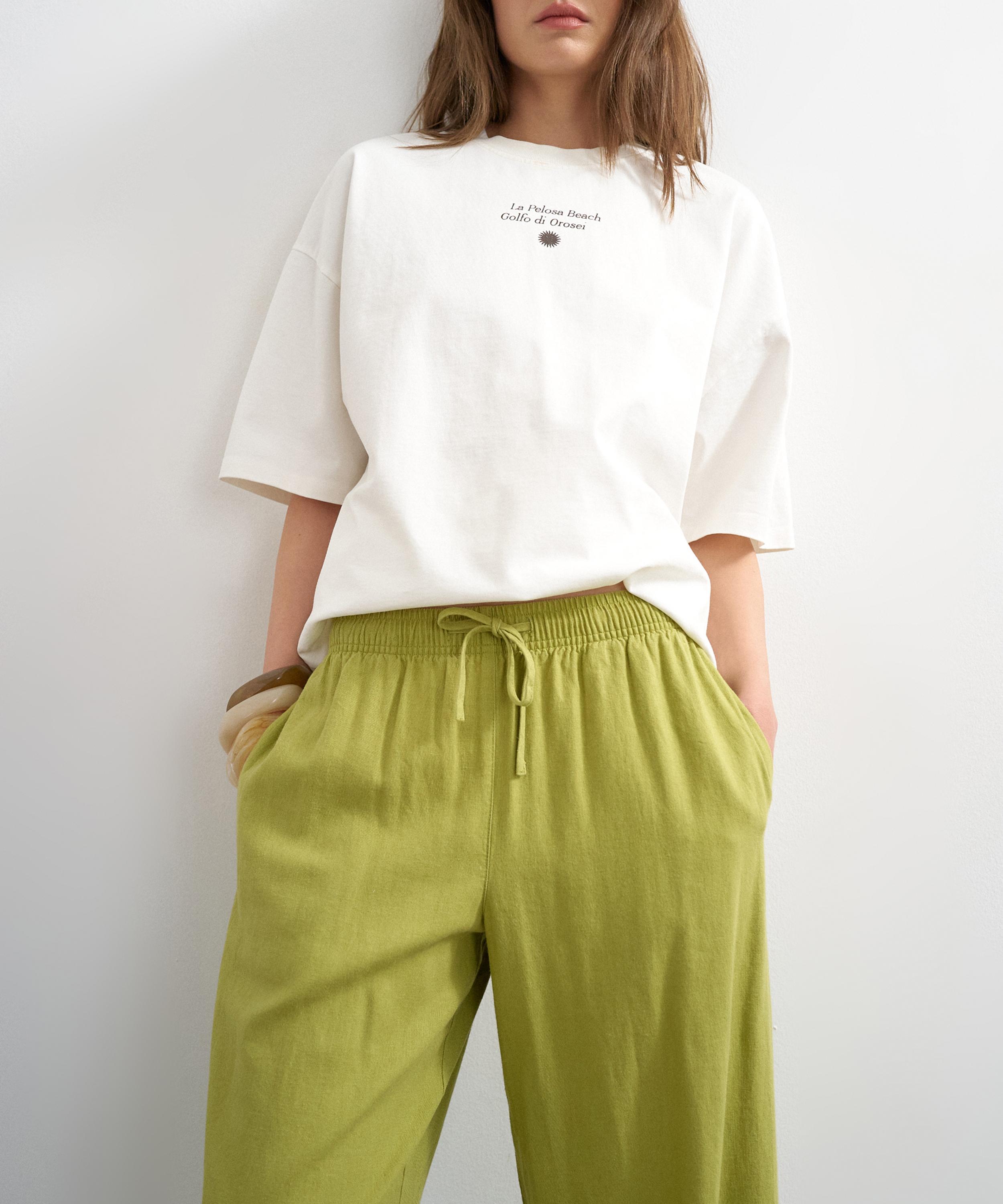 TOPSHOP - Green Linen Straight-Leg Deep Cuff Trousers image number 4