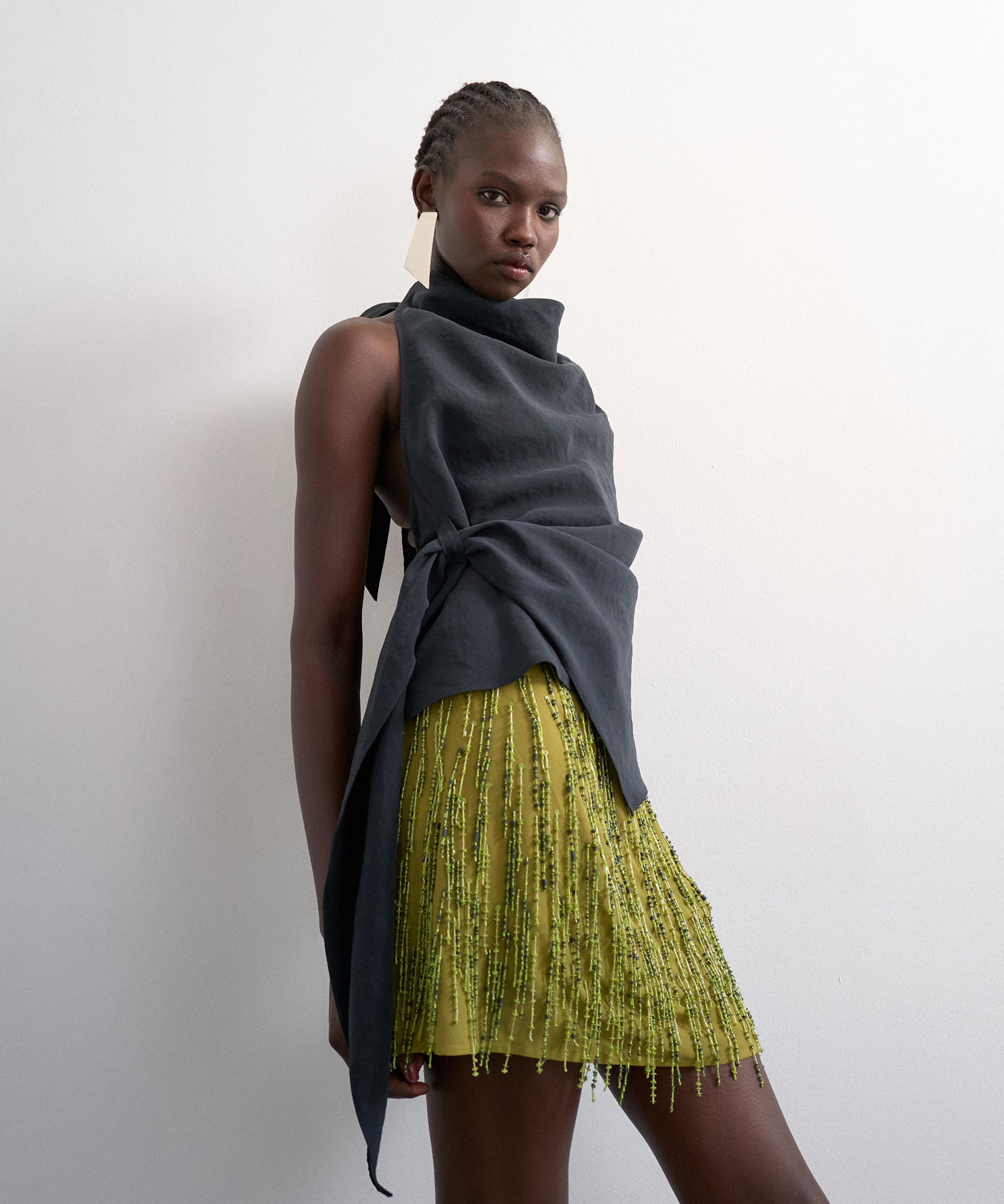 TOPSHOP - Green Heavy Beaded Mini Skirt image number 1